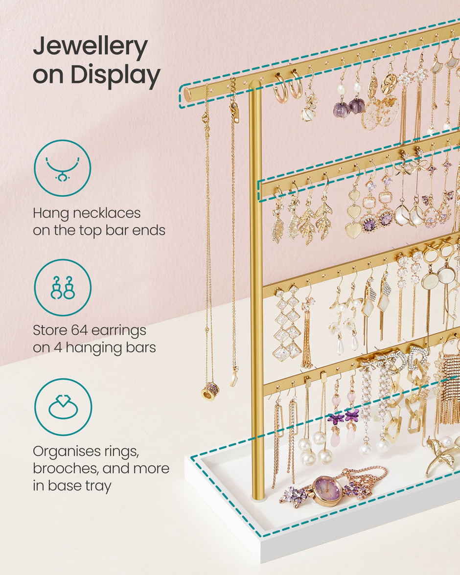 4-Tier Jewellery Stand – Metal – White and Gold – Includes Base Tray for Organizing Accessories