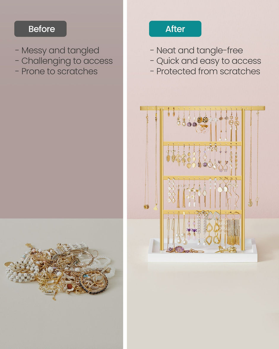 4-Tier Jewellery Stand – Metal – White and Gold – Includes Base Tray for Organizing Accessories