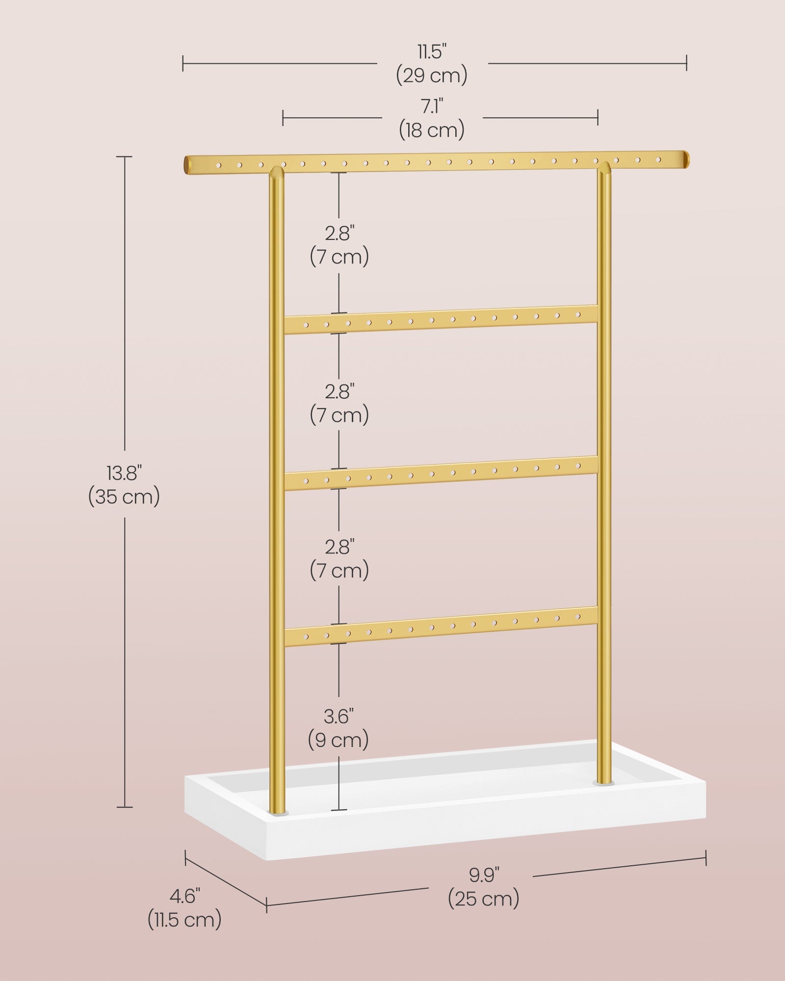 4-Tier Jewellery Stand – Metal – White and Gold – Includes Base Tray for Organizing Accessories