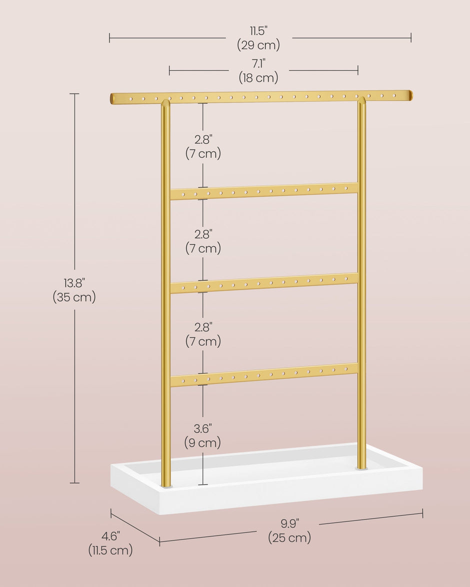 4-Tier Jewellery Stand – Metal – White and Gold – Includes Base Tray for Organizing Accessories