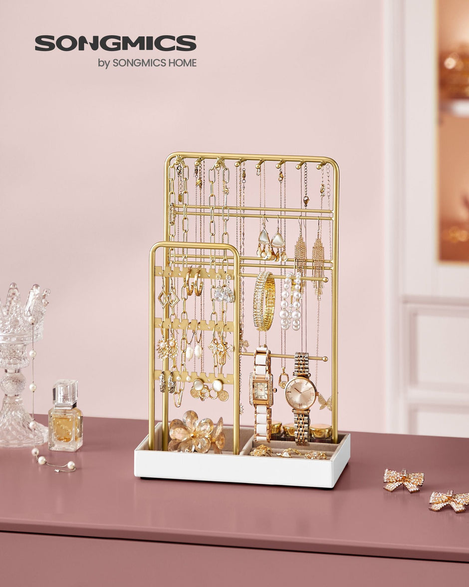 Jewellery Display Stand – Metal Frame and Velvet Tray – Gold – Earring, Bracelet, and Necklace Holder