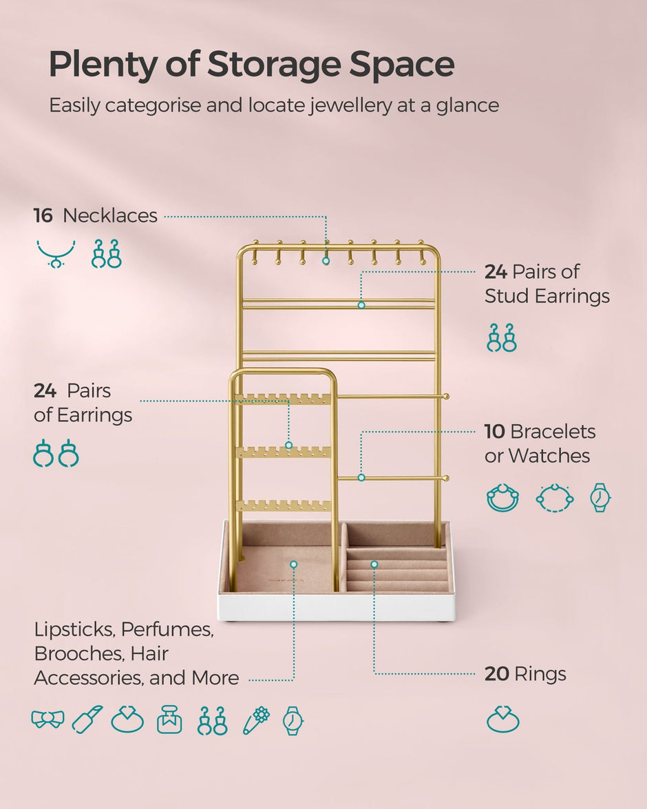 Jewellery Display Stand – Metal Frame and Velvet Tray – Gold – Earring, Bracelet, and Necklace Holder