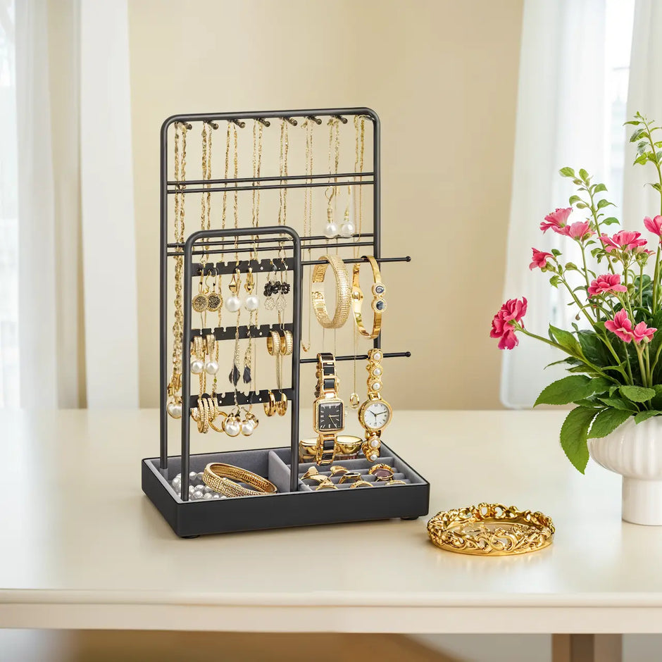 Jewelry Organizer – Metal – Clear – Multi-Functional Display Stand with Velvet Tray