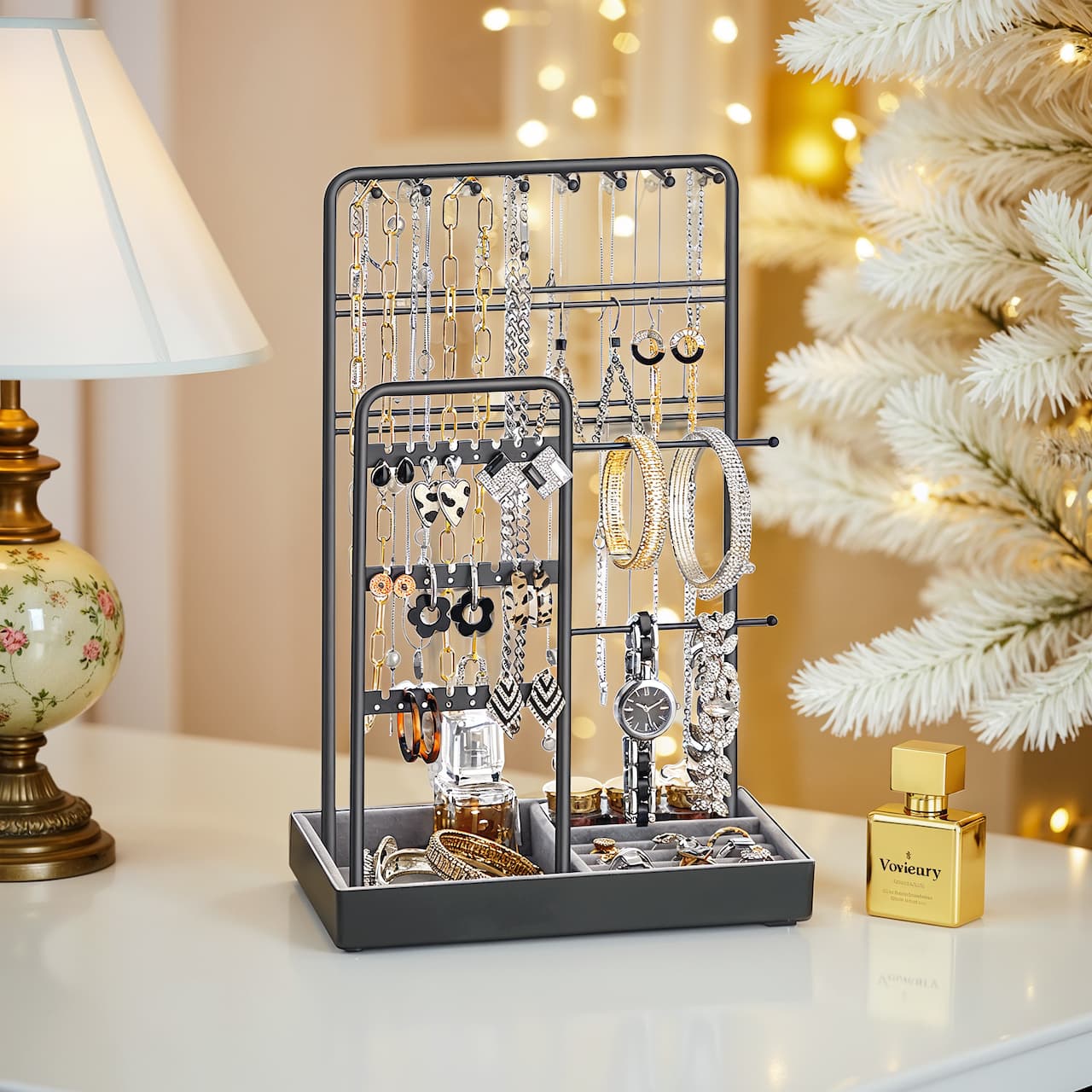 Jewelry Organizer – Metal – Clear – Multi-Functional Display Stand with Velvet Tray