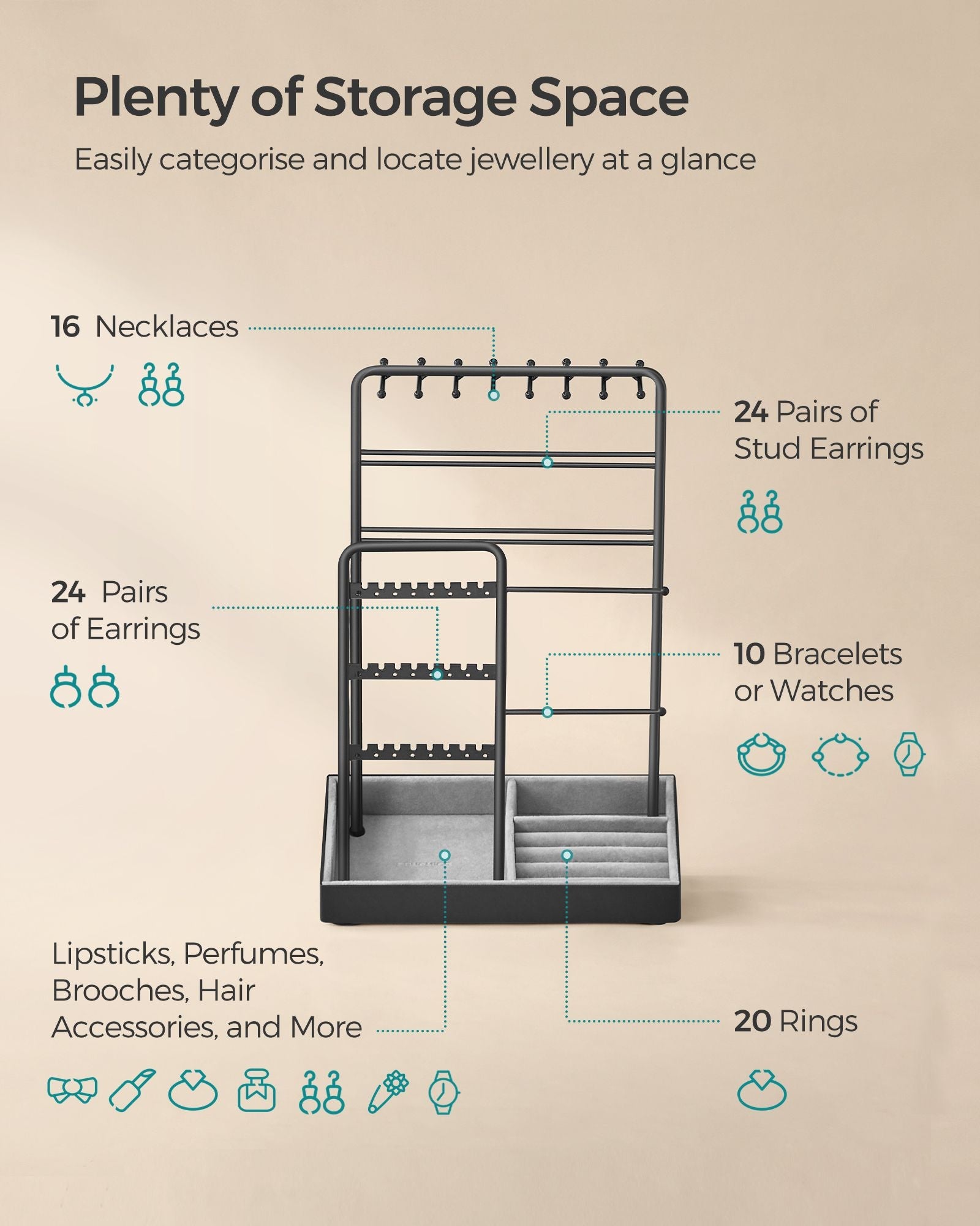 Jewellery Display Stand – Metal Frame – Velvet Tray – Multi-Functional Organiser for Earrings, Bracelets, and Necklaces