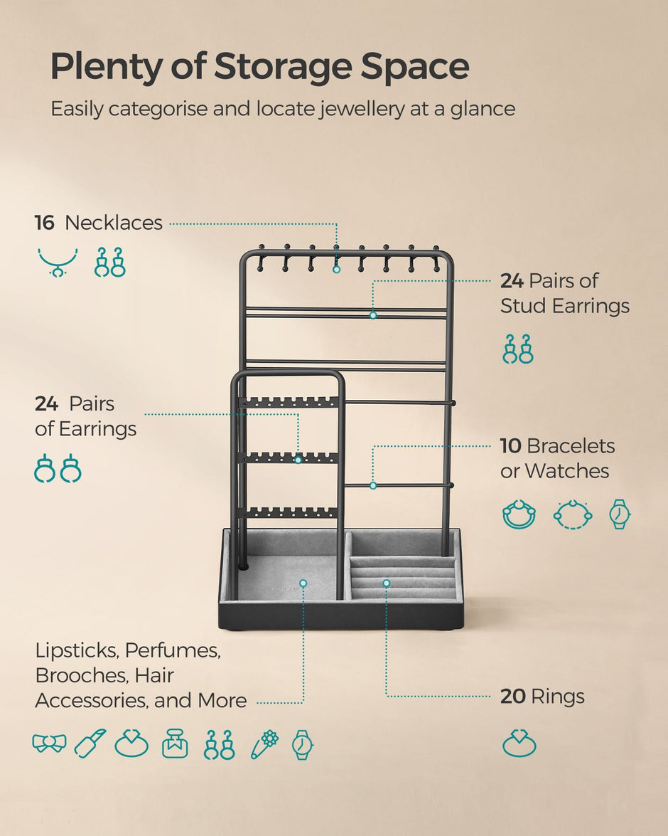 Jewellery Display Stand – Metal Frame – Velvet Tray – Multi-Functional Organiser for Earrings, Bracelets, and Necklaces