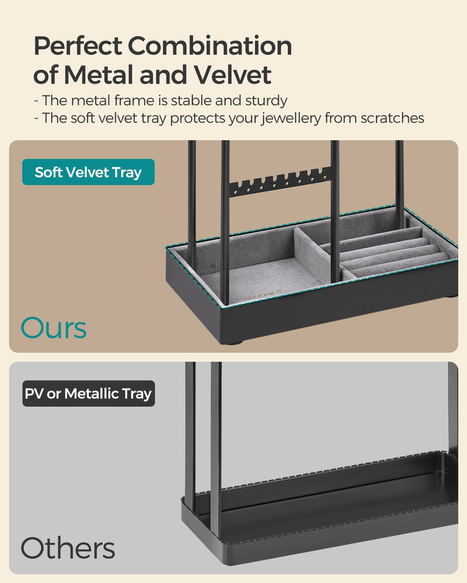 Jewellery Display Stand – Metal Frame – Velvet Tray – Multi-Functional Organiser for Earrings, Bracelets, and Necklaces