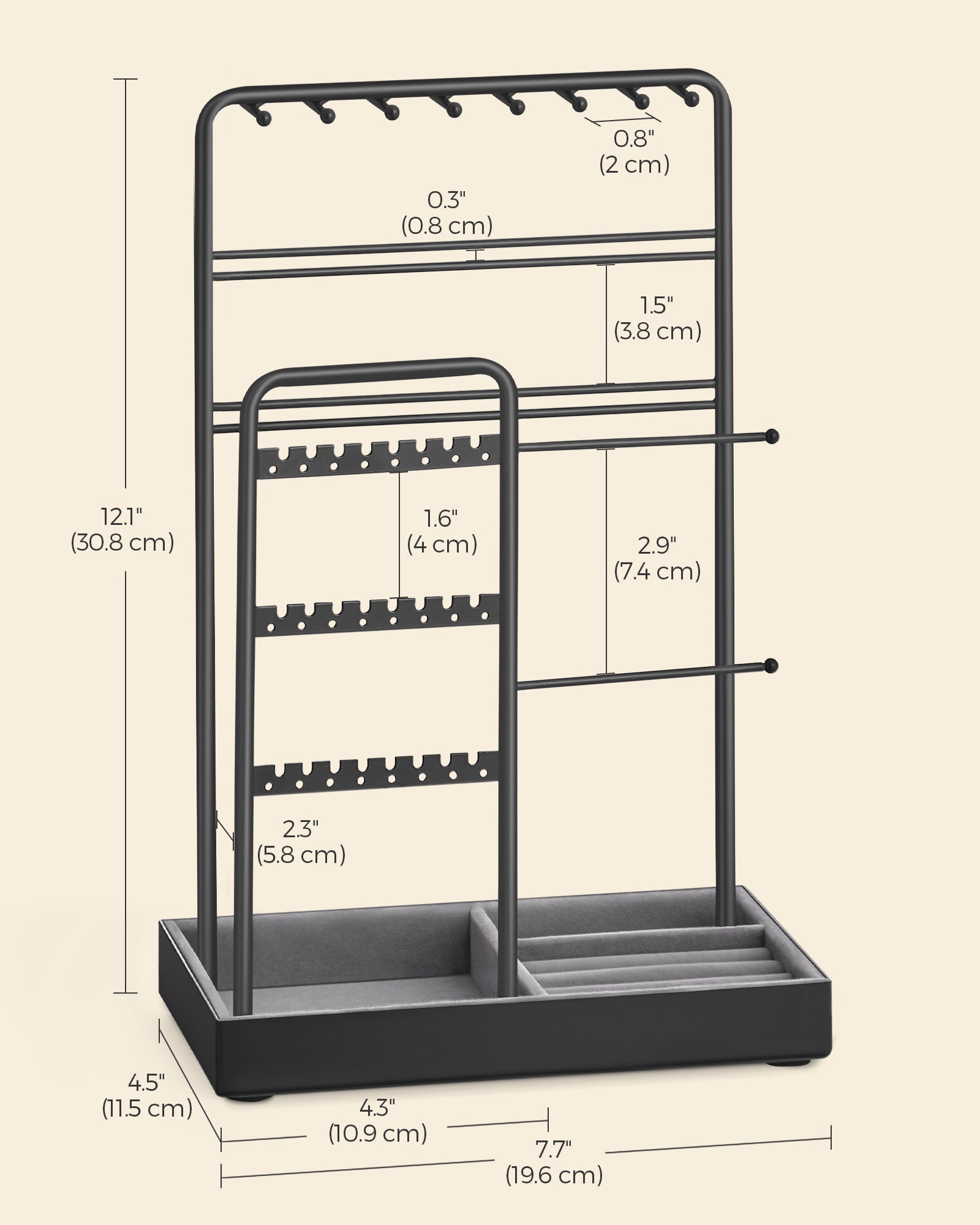 Jewellery Display Stand – Metal Frame – Velvet Tray – Multi-Functional Organiser for Earrings, Bracelets, and Necklaces