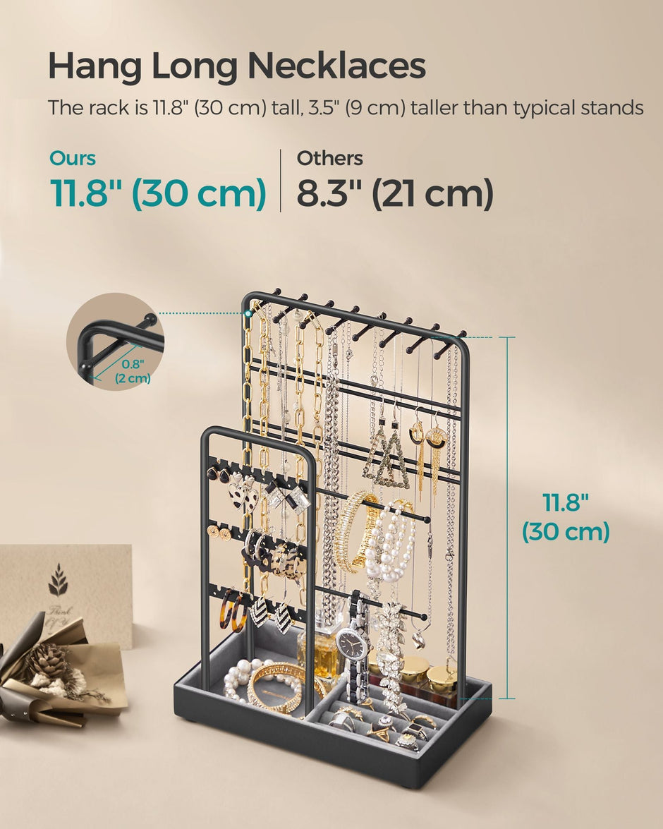 Jewellery Display Stand – Metal Frame – Velvet Tray – Multi-Functional Organiser for Earrings, Bracelets, and Necklaces