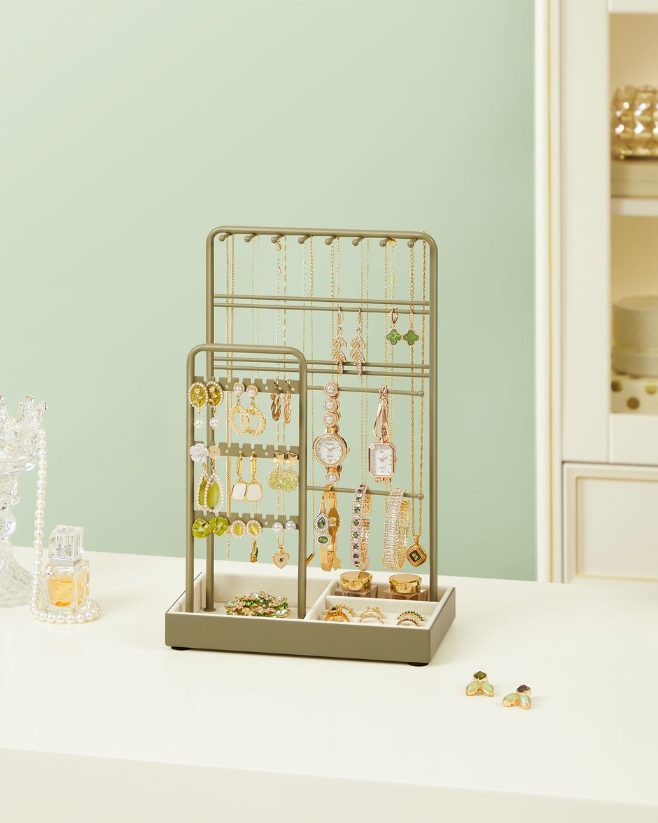 Jewellery Display Stand – Metal Frame – Laurel Green – Velvet Tray and Organiser for Earrings, Bracelets, and Necklaces