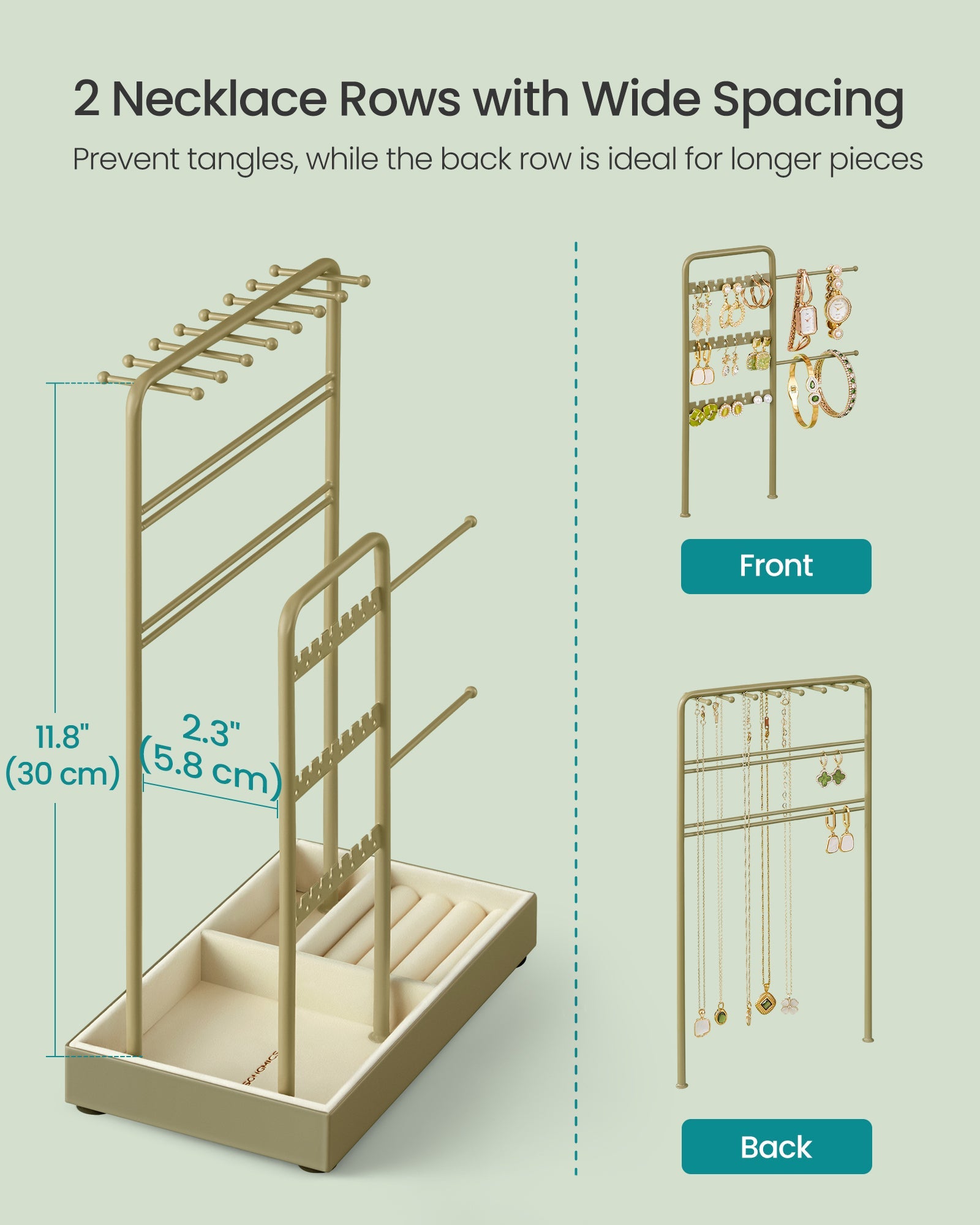 Jewellery Display Stand – Metal Frame – Laurel Green – Velvet Tray and Organiser for Earrings, Bracelets, and Necklaces