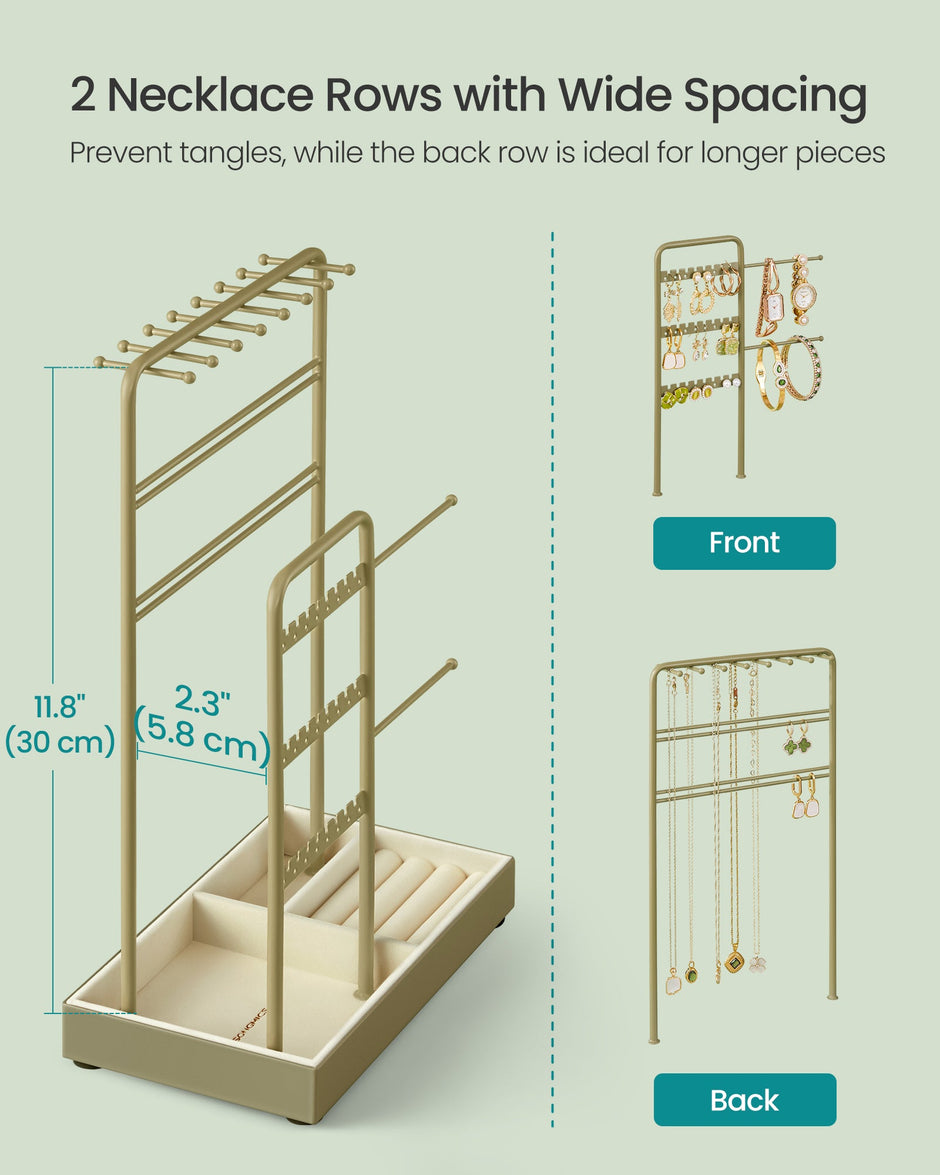 Jewellery Display Stand – Metal Frame – Laurel Green – Velvet Tray and Organiser for Earrings, Bracelets, and Necklaces