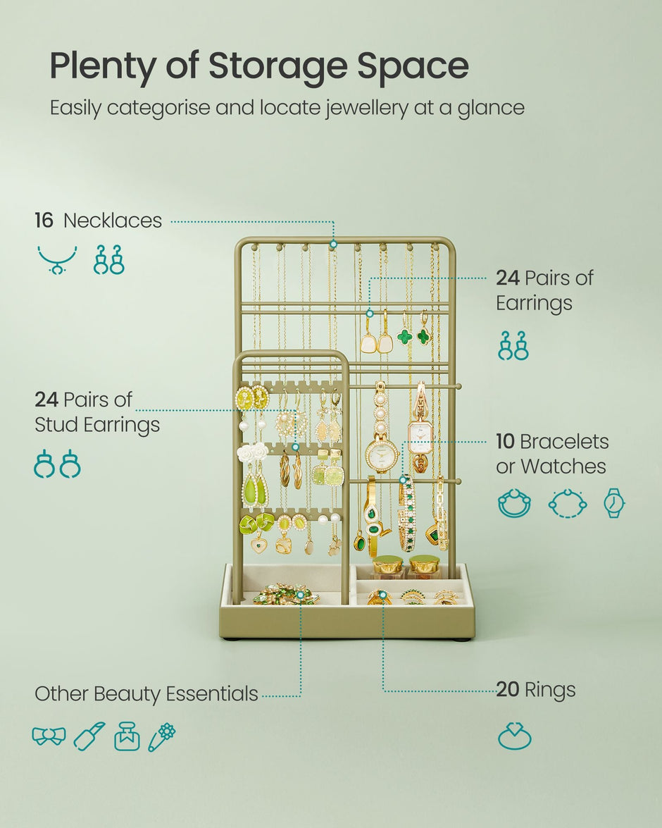 Jewellery Display Stand – Metal Frame – Laurel Green – Velvet Tray and Organiser for Earrings, Bracelets, and Necklaces