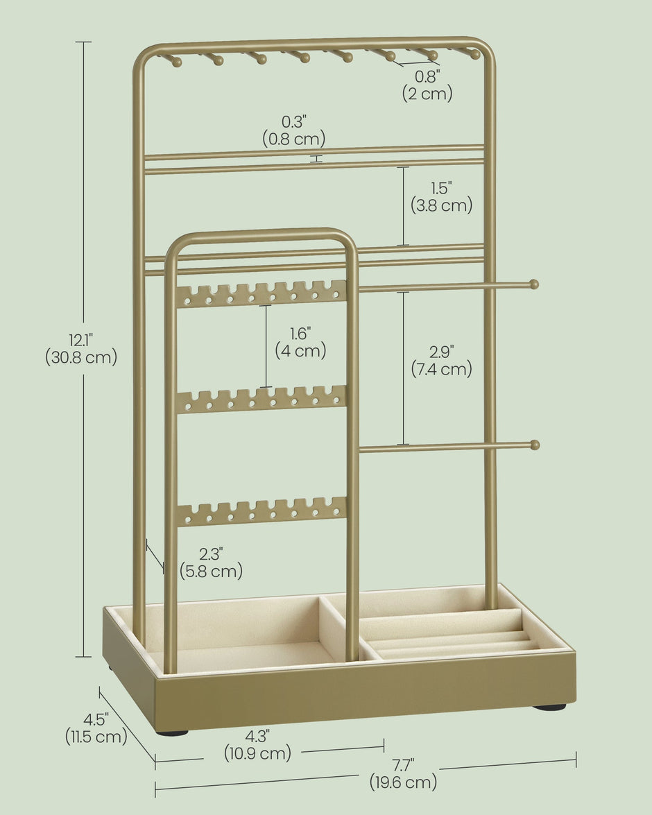 Jewellery Display Stand – Metal Frame – Laurel Green – Velvet Tray and Organiser for Earrings, Bracelets, and Necklaces