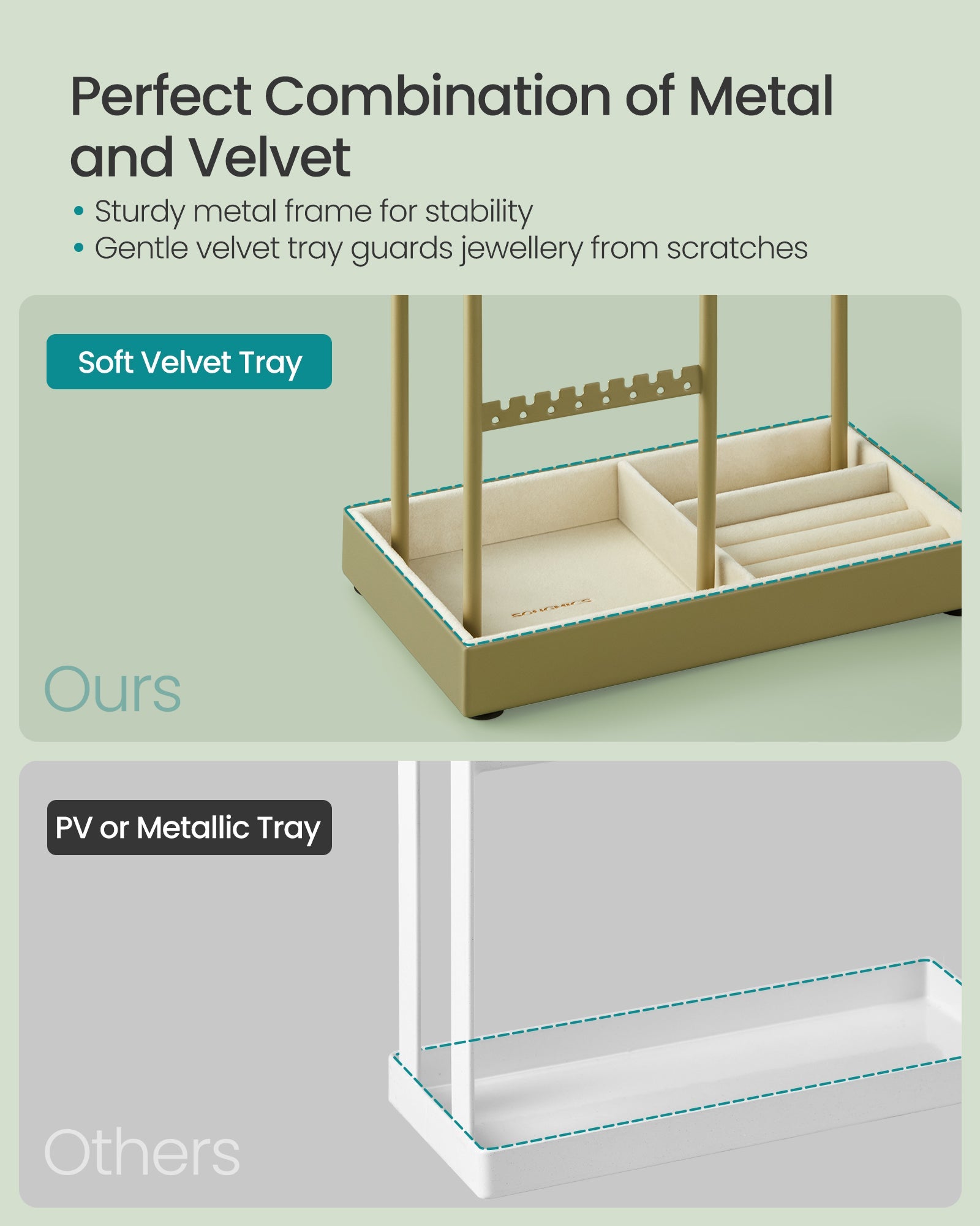 Jewellery Display Stand – Metal Frame – Laurel Green – Velvet Tray and Organiser for Earrings, Bracelets, and Necklaces