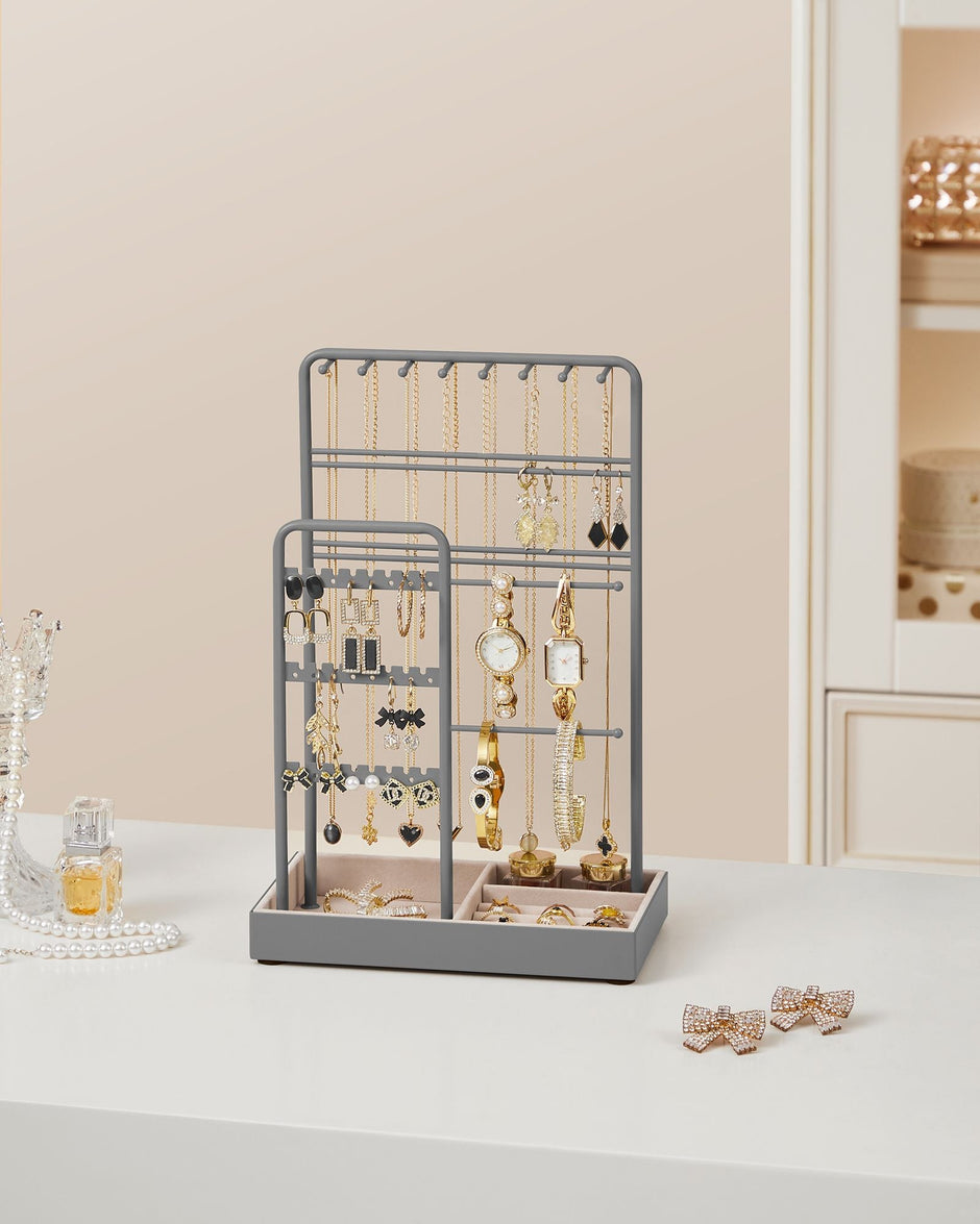 Jewellery Display Stand – Metal Frame – Dove Grey – Velvet Tray, Earring and Bracelet Holder