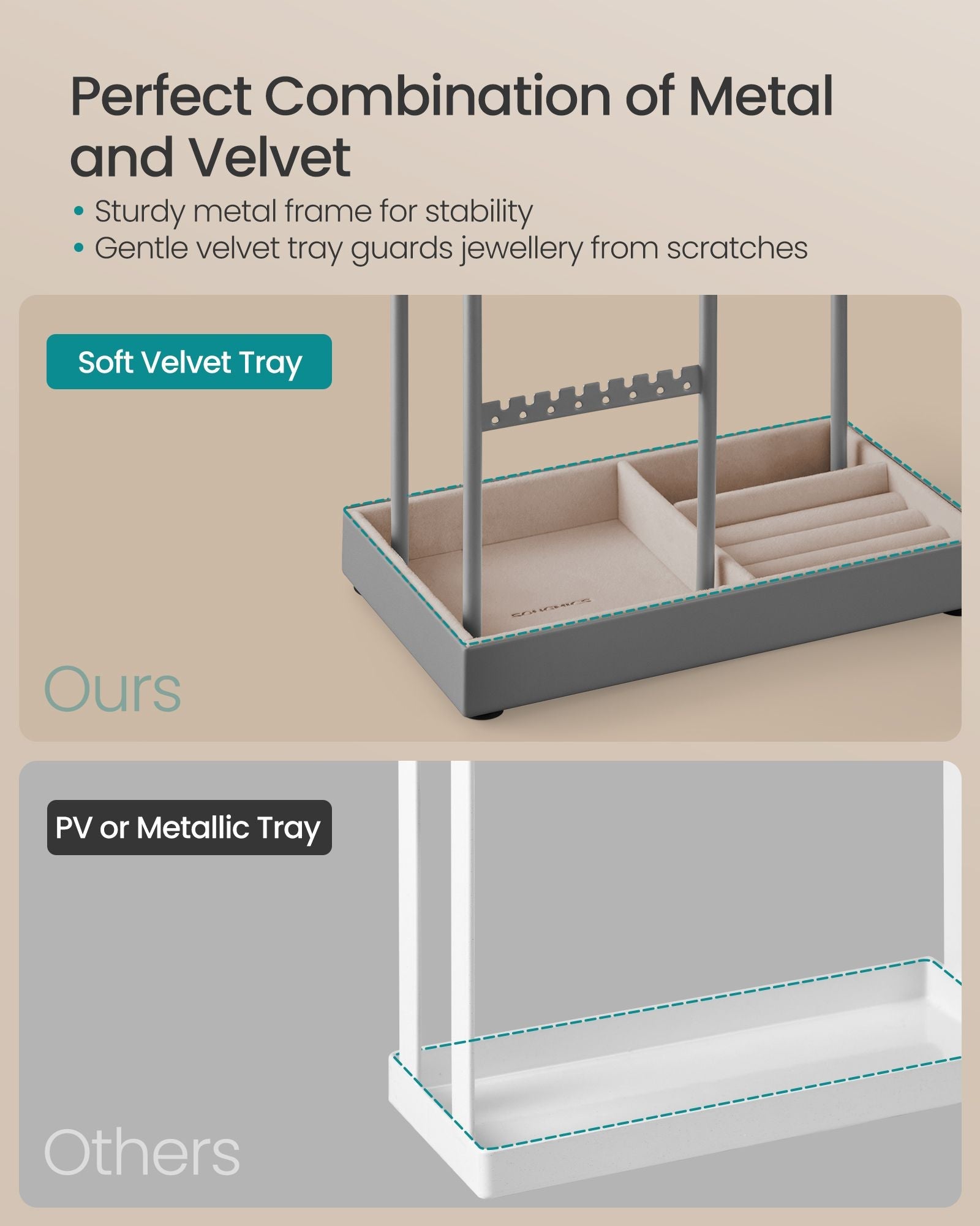Jewellery Display Stand – Metal Frame – Dove Grey – Velvet Tray, Earring and Bracelet Holder