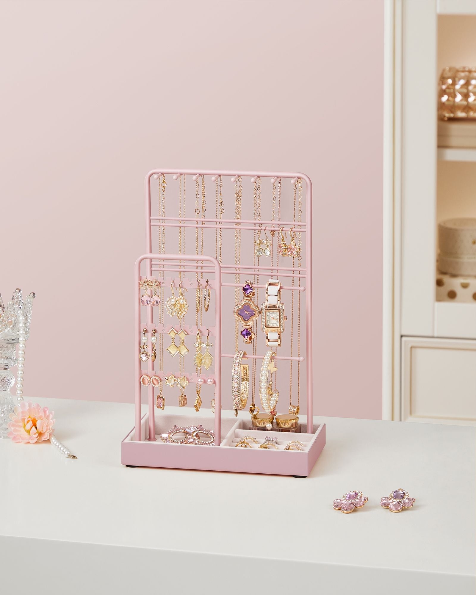 Jewellery Display Stand – Metal Frame – Jelly Pink – Velvet Tray and Multi-Holder Design