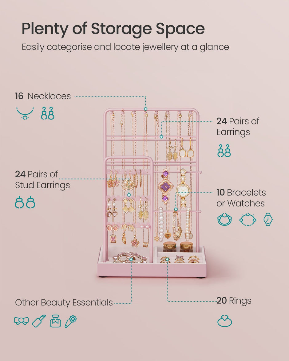 Jewellery Display Stand – Metal Frame – Jelly Pink – Velvet Tray and Multi-Holder Design