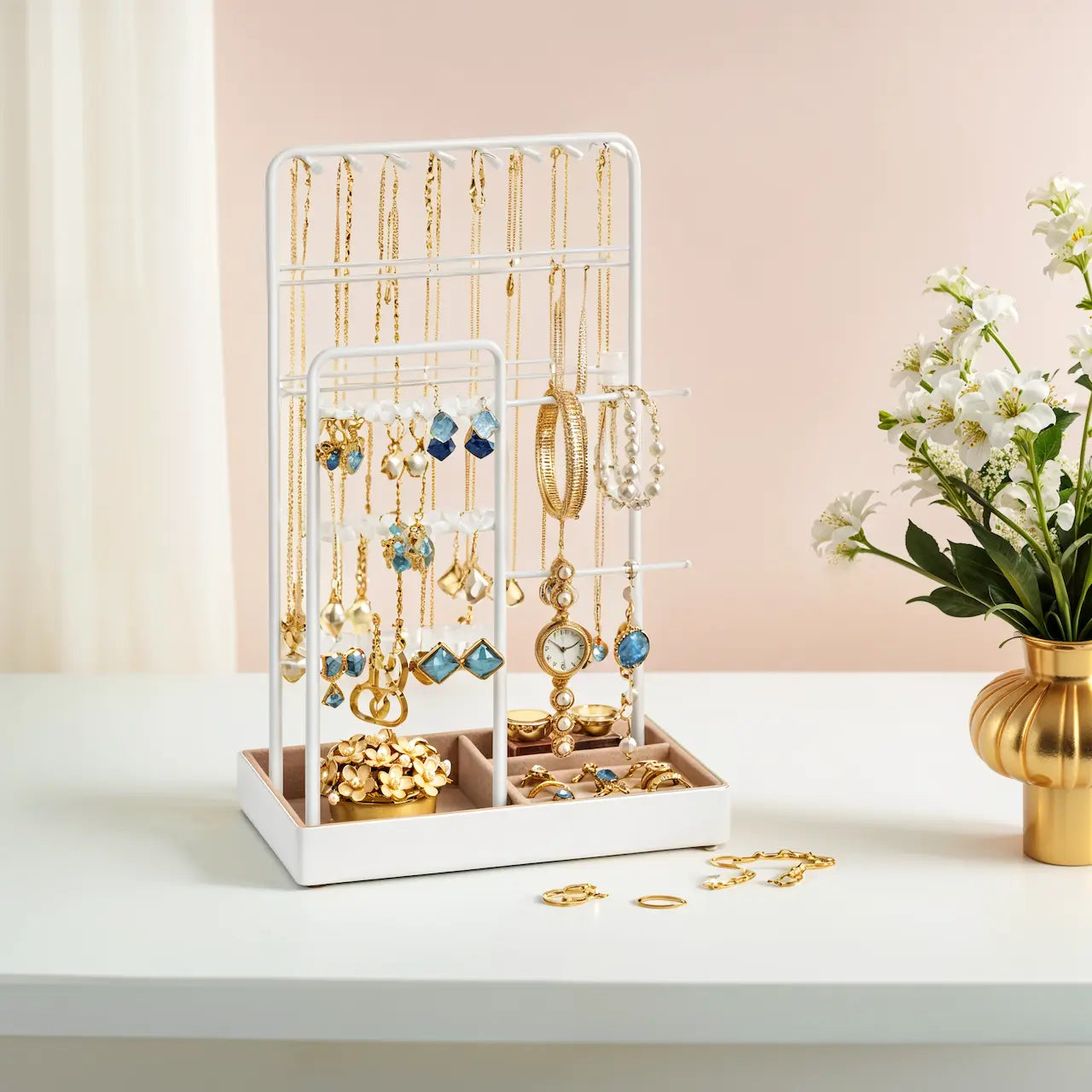 Jewelry Organizer – Metal – Clear – Multi-Functional Display Stand with Velvet Tray