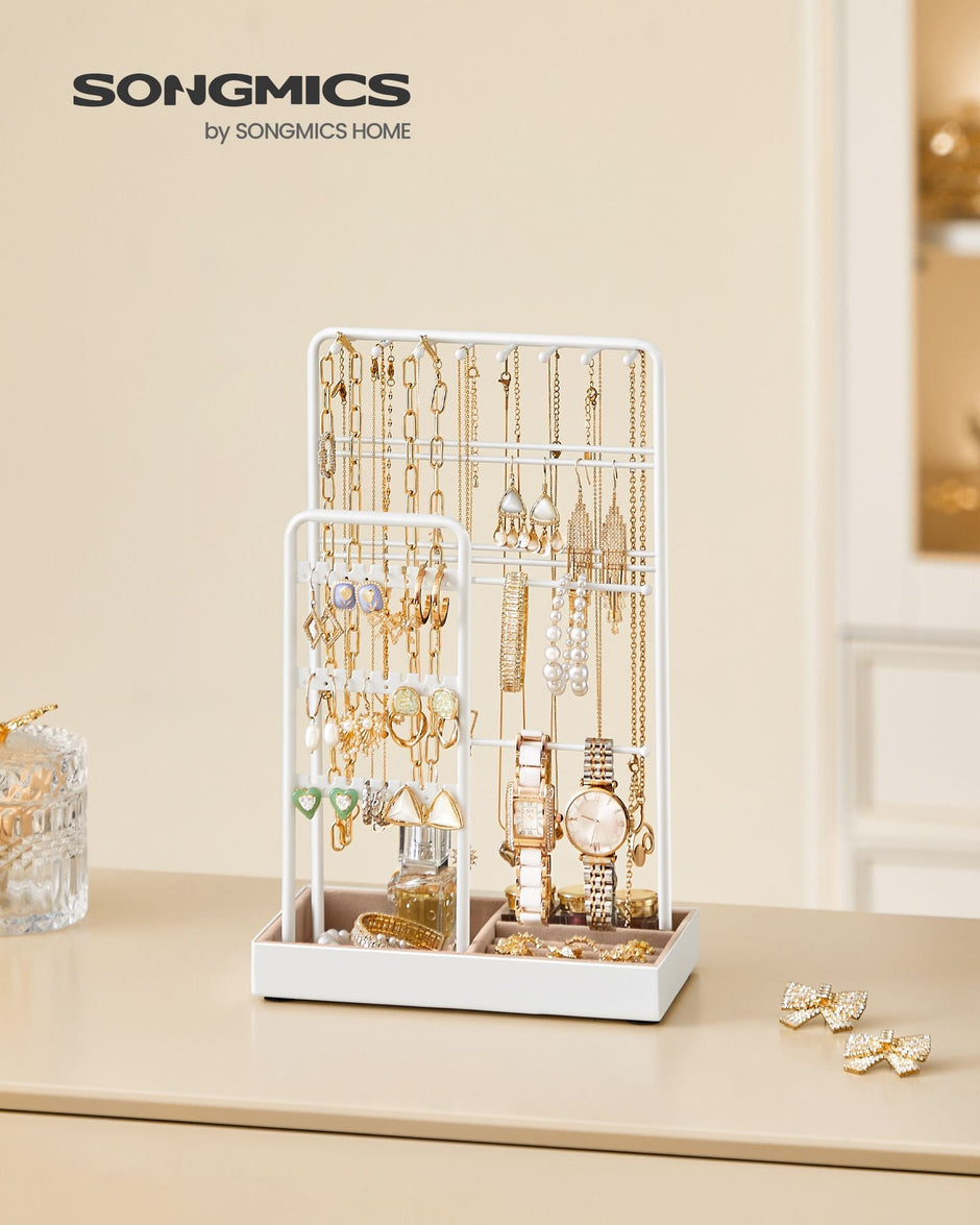 Jewellery Stand – Metal Frame and Velvet Tray – Black – Multi-Functional Organiser and Display for Earrings, Bracelets, and Necklaces