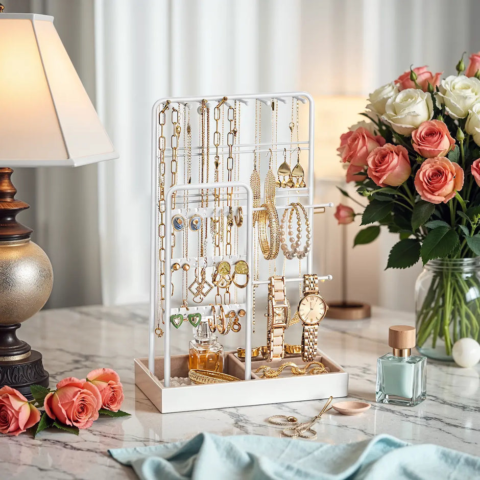 Jewelry Organizer – Metal – Clear – Multi-Functional Display Stand with Velvet Tray