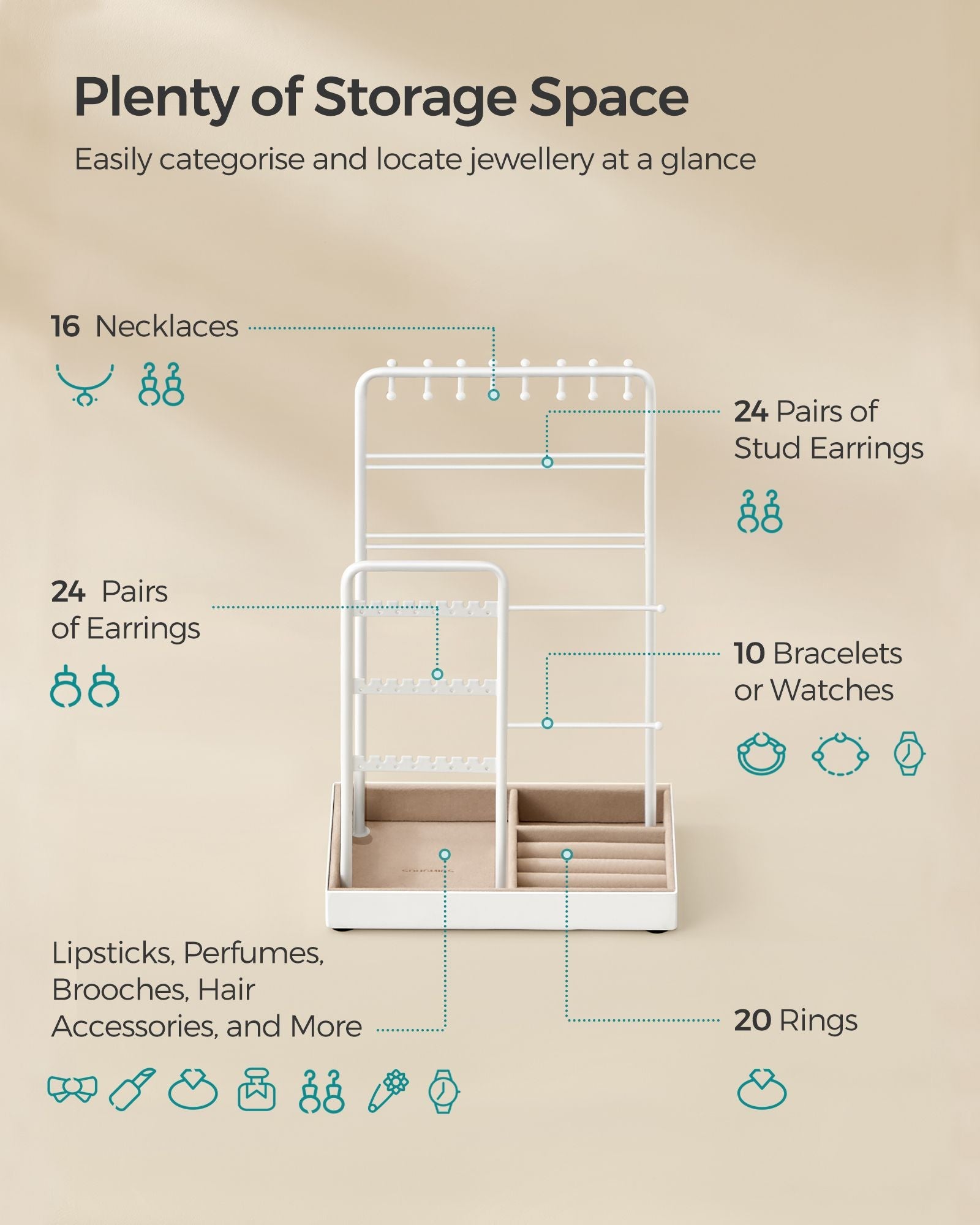 Jewellery Stand – Metal Frame and Velvet Tray – Black – Multi-Functional Organiser and Display for Earrings, Bracelets, and Necklaces