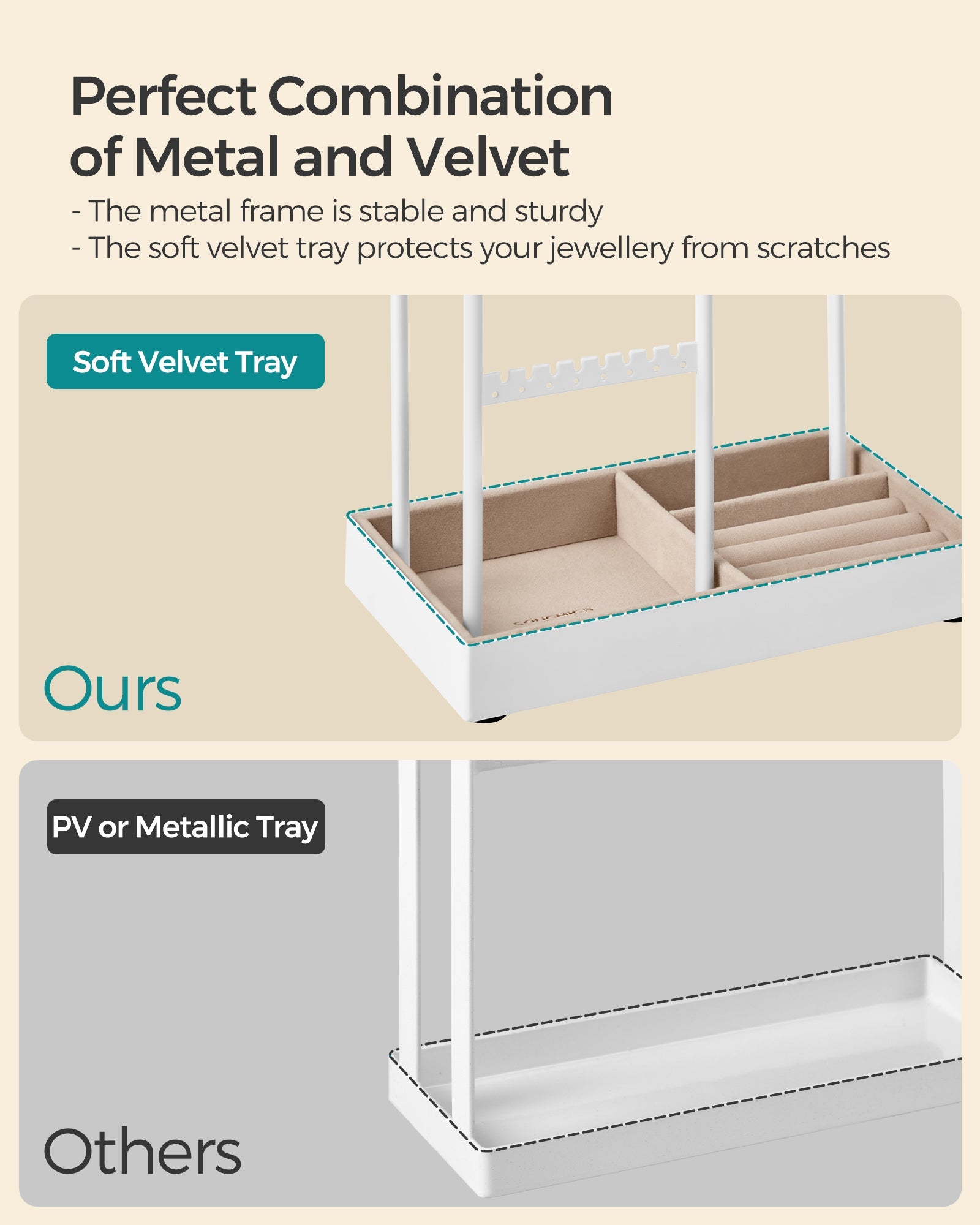 Jewellery Stand – Metal Frame and Velvet Tray – Black – Multi-Functional Organiser and Display for Earrings, Bracelets, and Necklaces
