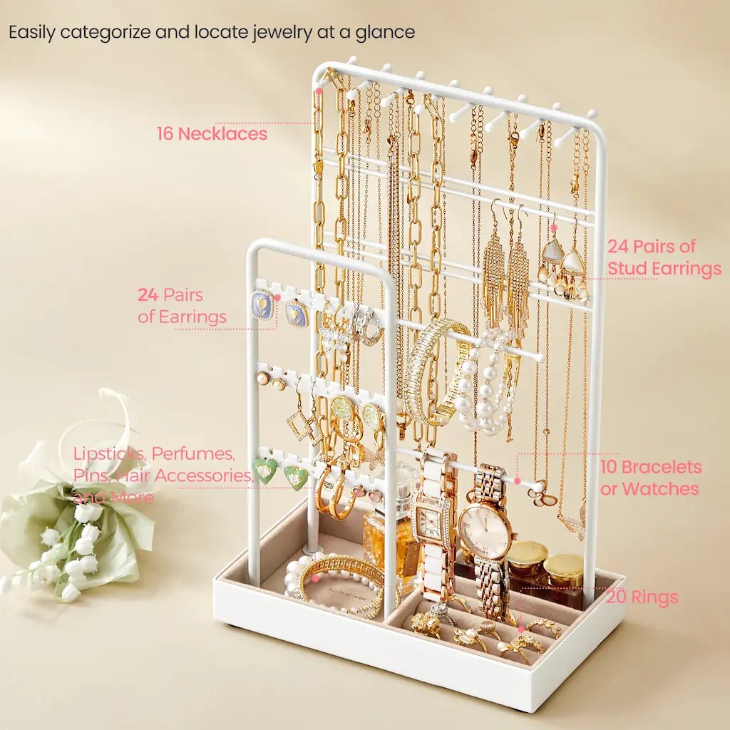 Jewelry Organizer – Metal – Clear – Multi-Functional Display Stand with Velvet Tray