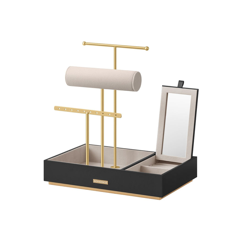 Jewellery Display Stand – Metal – Black – Includes Mirror and Multi-Functional Holders for Earrings, Bracelets, Necklaces, and Rings