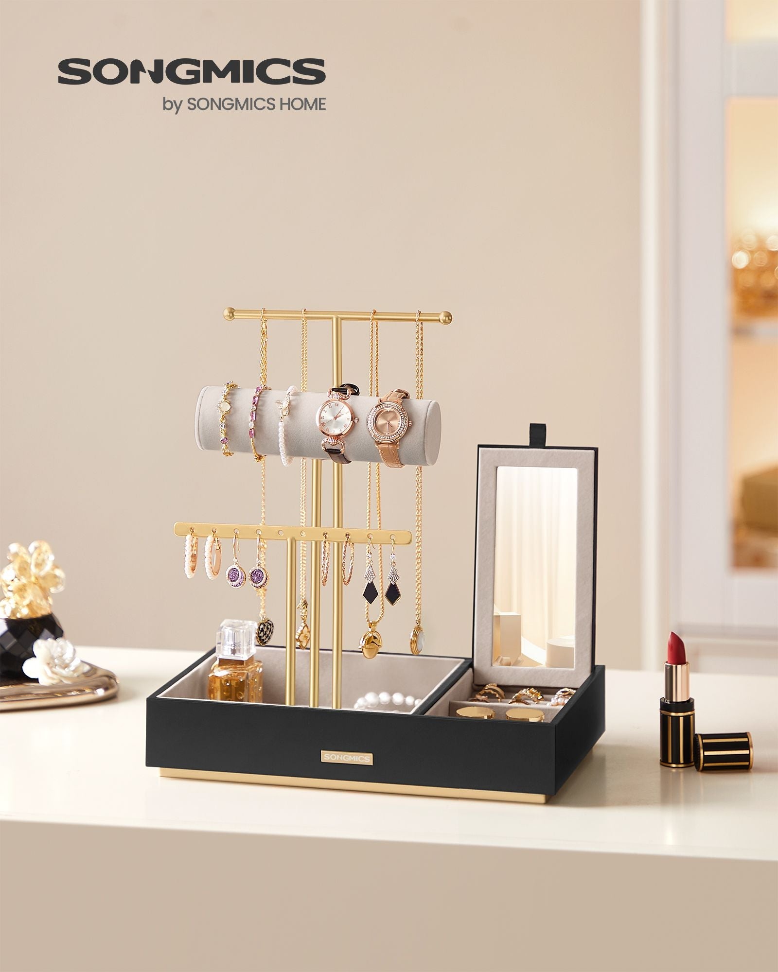 Jewellery Display Stand – Metal – Black – Includes Mirror and Multi-Functional Holders for Earrings, Bracelets, Necklaces, and Rings