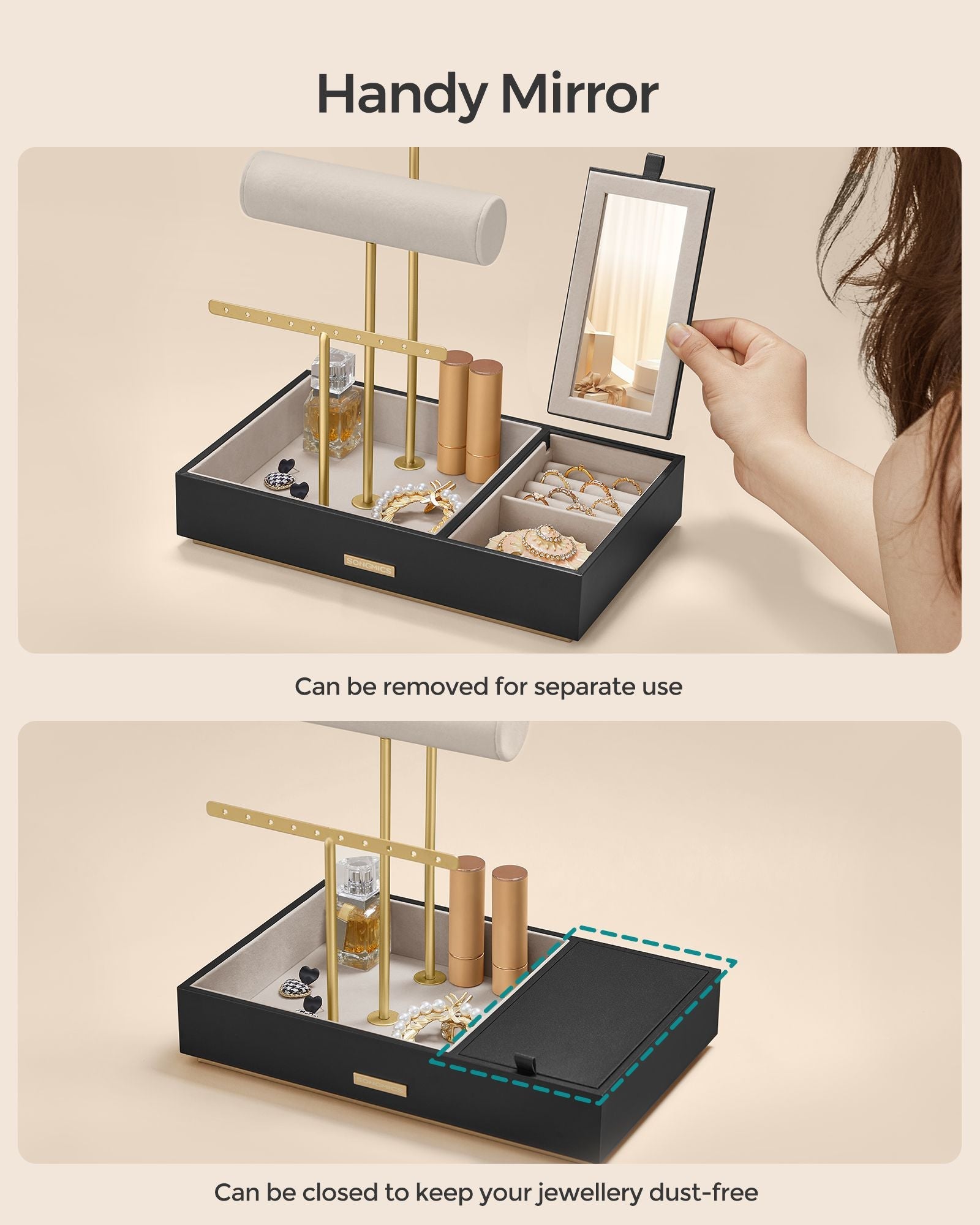 Jewellery Display Stand – Metal – Black – Includes Mirror and Multi-Functional Holders for Earrings, Bracelets, Necklaces, and Rings