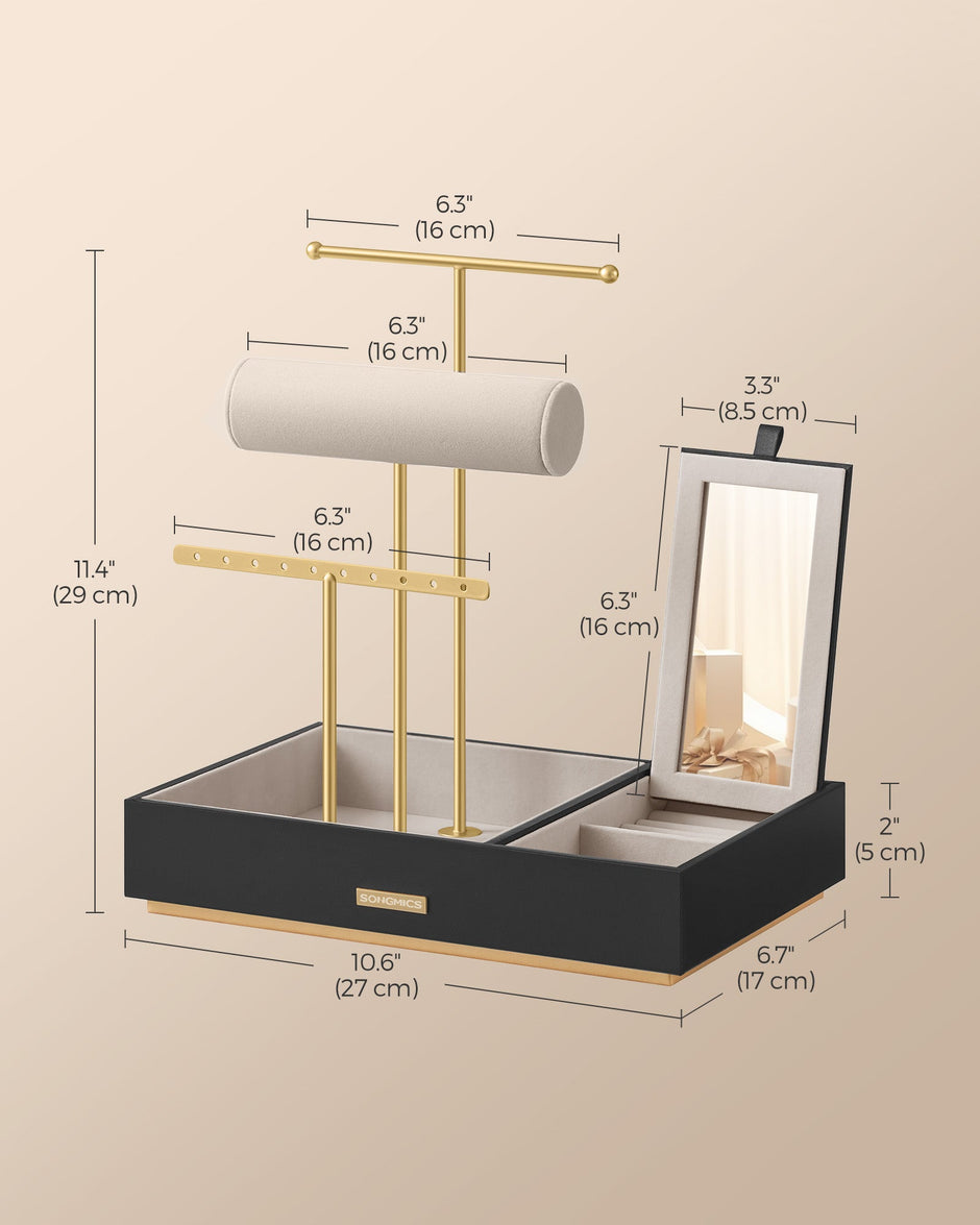 Jewellery Display Stand – Metal – Black – Includes Mirror and Multi-Functional Holders for Earrings, Bracelets, Necklaces, and Rings