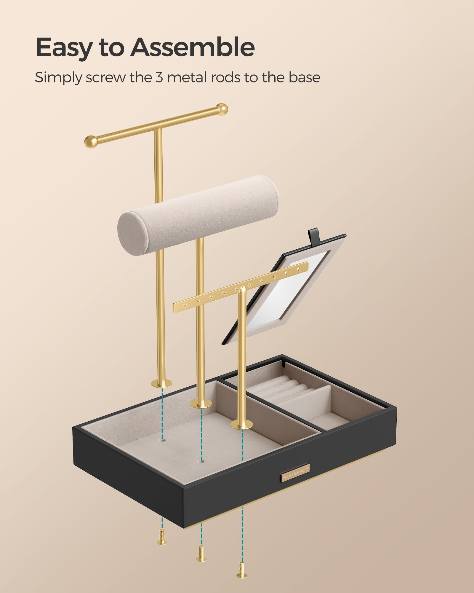 Jewellery Display Stand – Metal – Black – Includes Mirror and Multi-Functional Holders for Earrings, Bracelets, Necklaces, and Rings