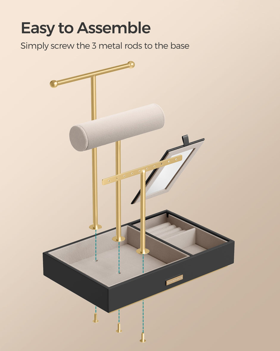 Jewellery Display Stand – Metal – Black – Includes Mirror and Multi-Functional Holders for Earrings, Bracelets, Necklaces, and Rings