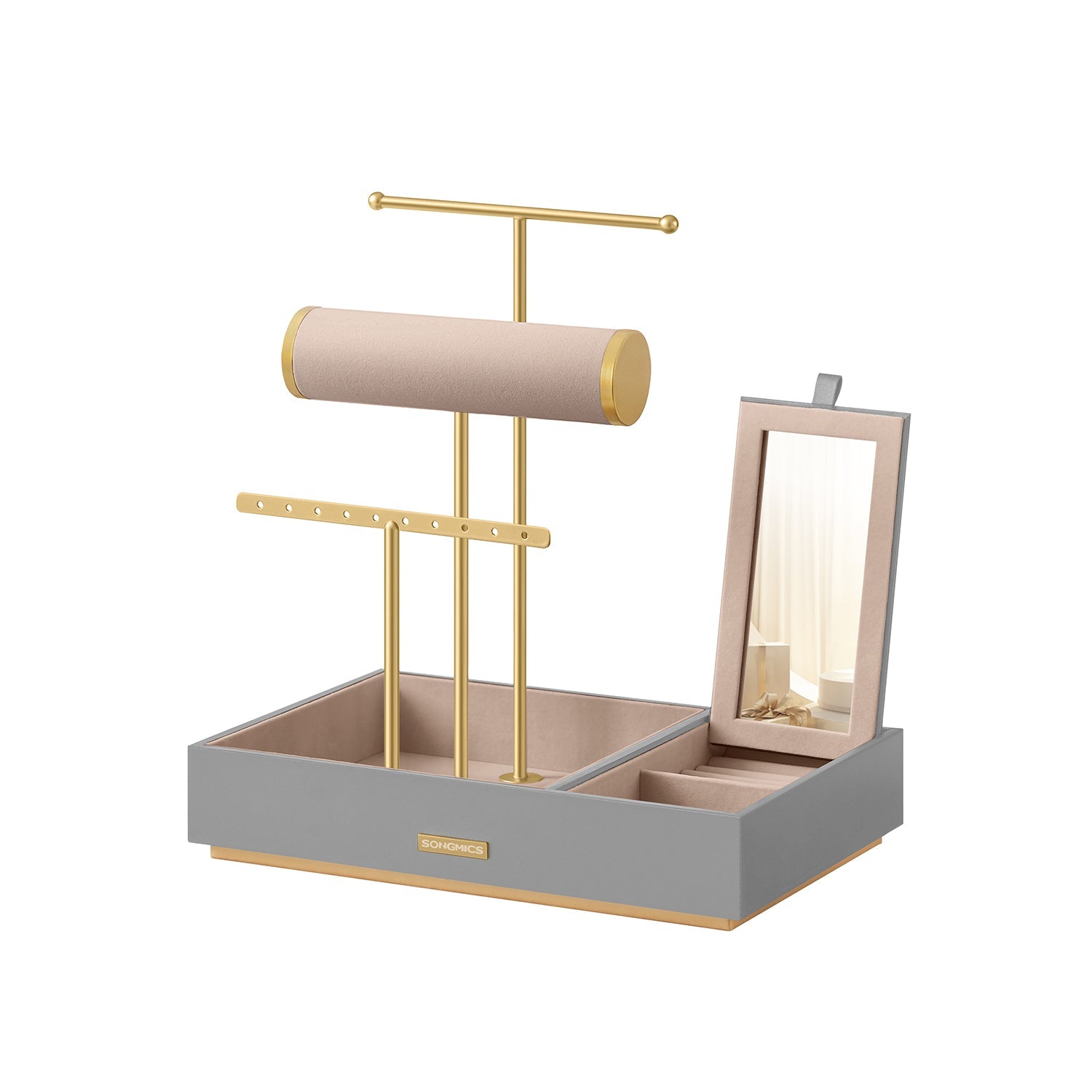 Jewellery Stand – Metal – Dove Grey and Gold – Organiser with Mirror and Earring/Necklace Holders
