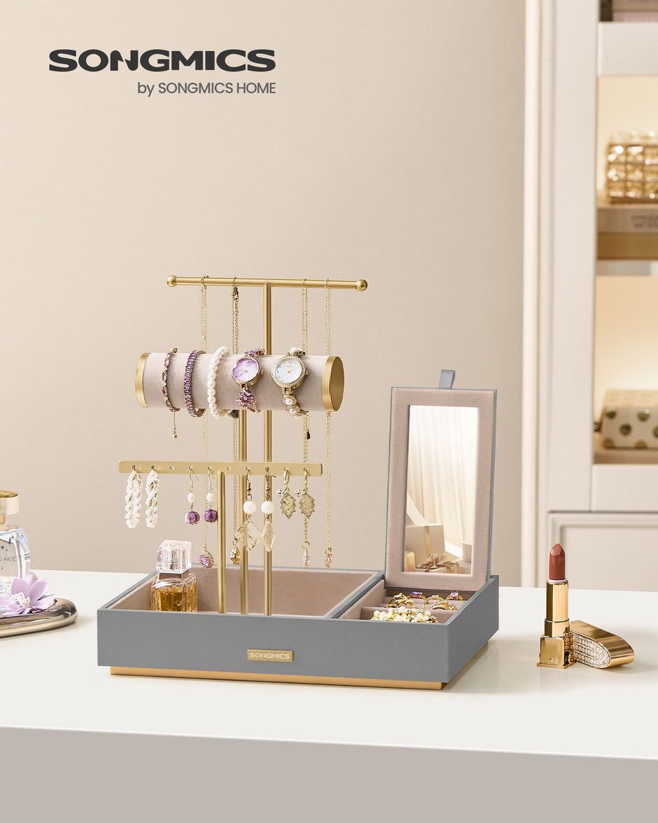 Jewellery Stand – Metal – Dove Grey and Gold – Organiser with Mirror and Earring/Necklace Holders