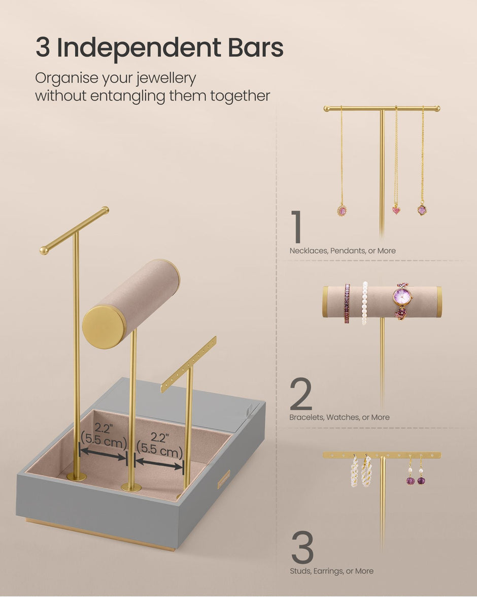 Jewellery Stand – Metal – Dove Grey and Gold – Organiser with Mirror and Earring/Necklace Holders