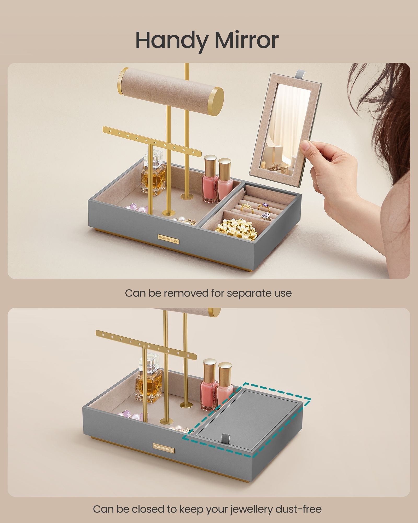 Jewellery Stand – Metal – Dove Grey and Gold – Organiser with Mirror and Earring/Necklace Holders
