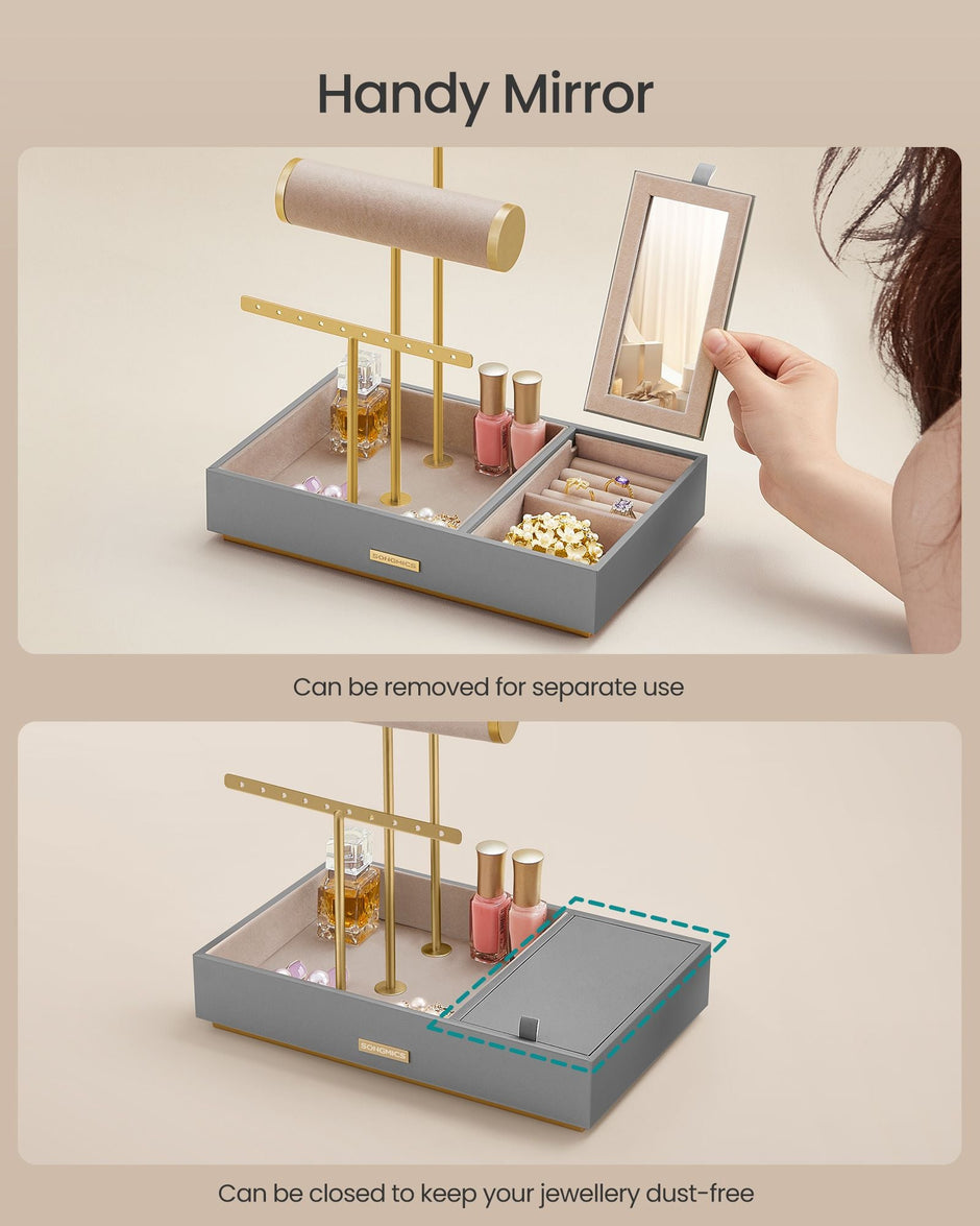 Jewellery Stand – Metal – Dove Grey and Gold – Organiser with Mirror and Earring/Necklace Holders