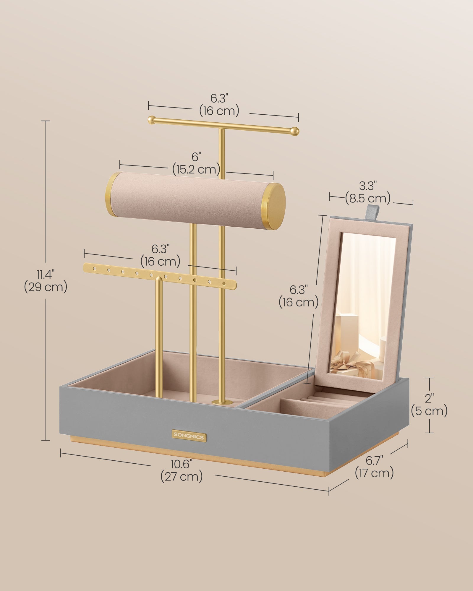 Jewellery Stand – Metal – Dove Grey and Gold – Organiser with Mirror and Earring/Necklace Holders