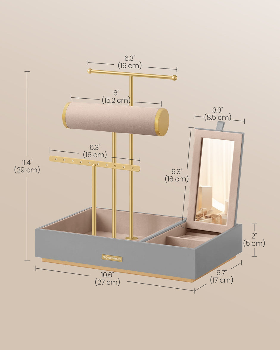Jewellery Stand – Metal – Dove Grey and Gold – Organiser with Mirror and Earring/Necklace Holders