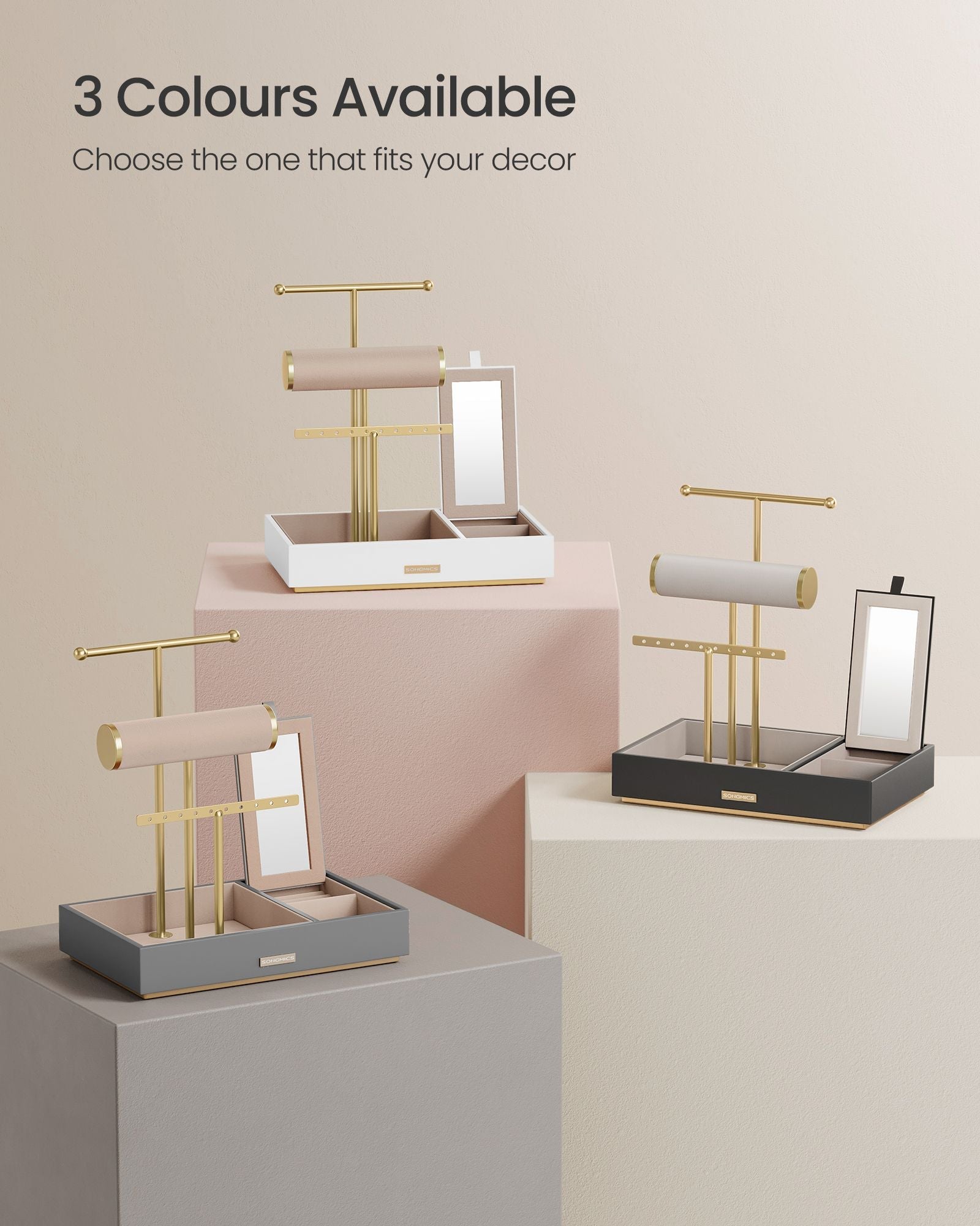 Jewellery Stand – Metal – Dove Grey and Gold – Organiser with Mirror and Earring/Necklace Holders