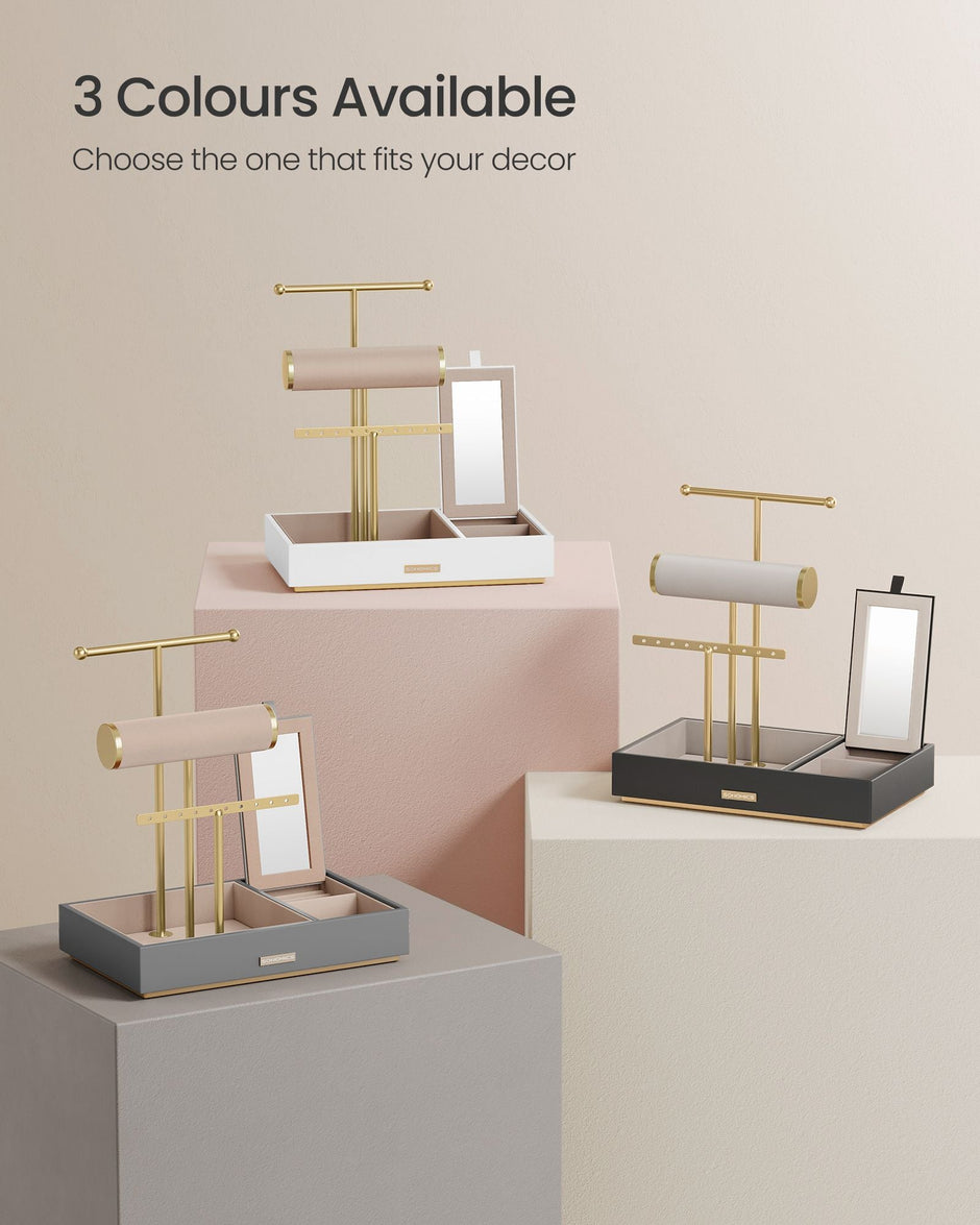 Jewellery Stand – Metal – Dove Grey and Gold – Organiser with Mirror and Earring/Necklace Holders