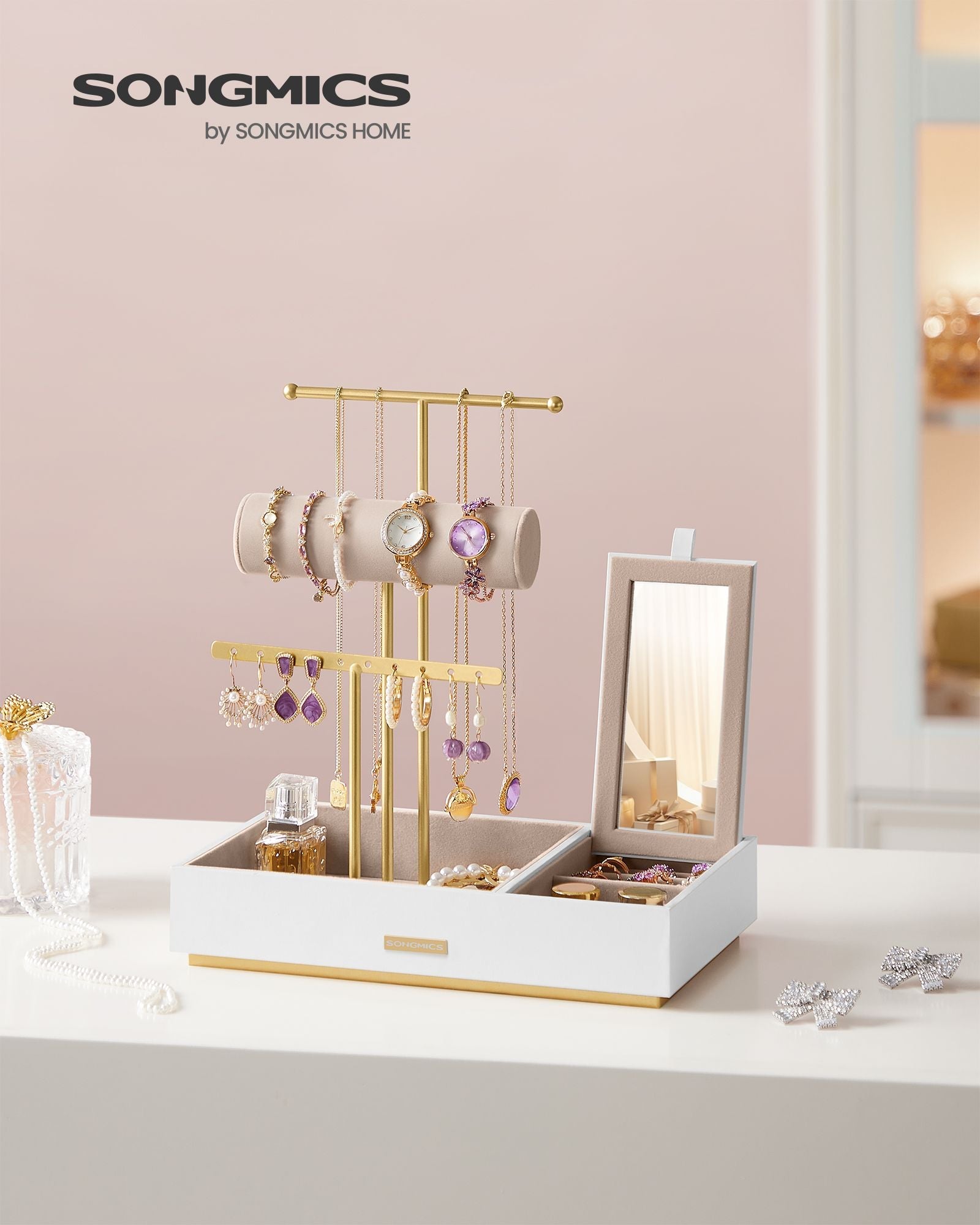 Jewellery Display Stand – Metal – Black – Includes Mirror and Multi-Functional Holders for Earrings, Bracelets, Necklaces, and Rings