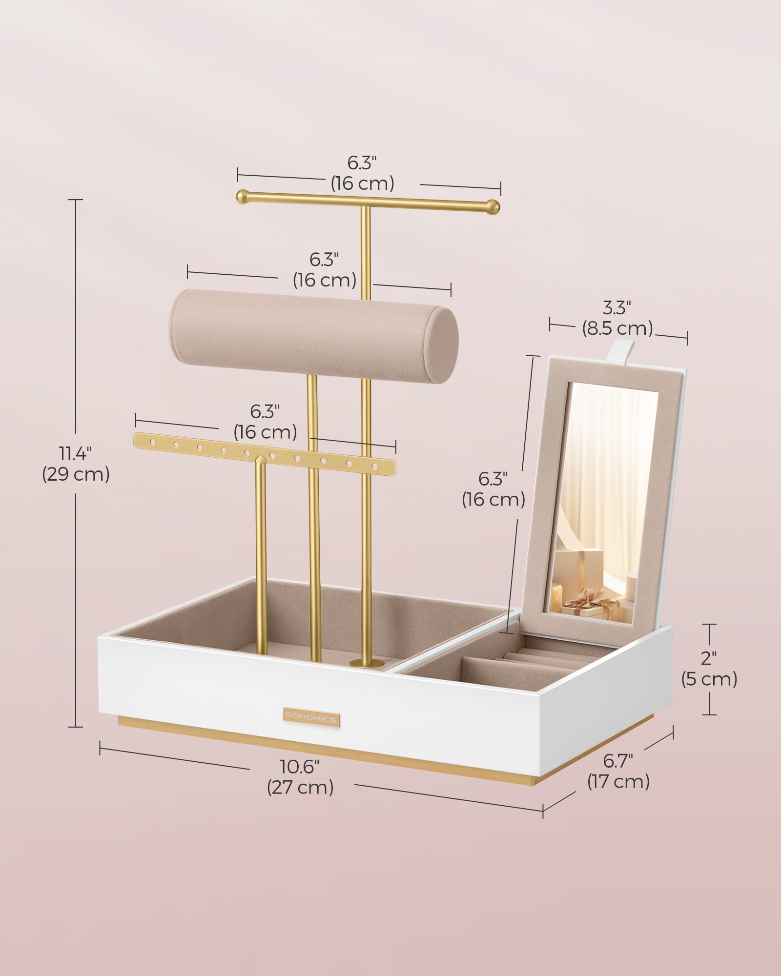 Jewellery Display Stand – Metal – Black – Includes Mirror and Multi-Functional Holders for Earrings, Bracelets, Necklaces, and Rings
