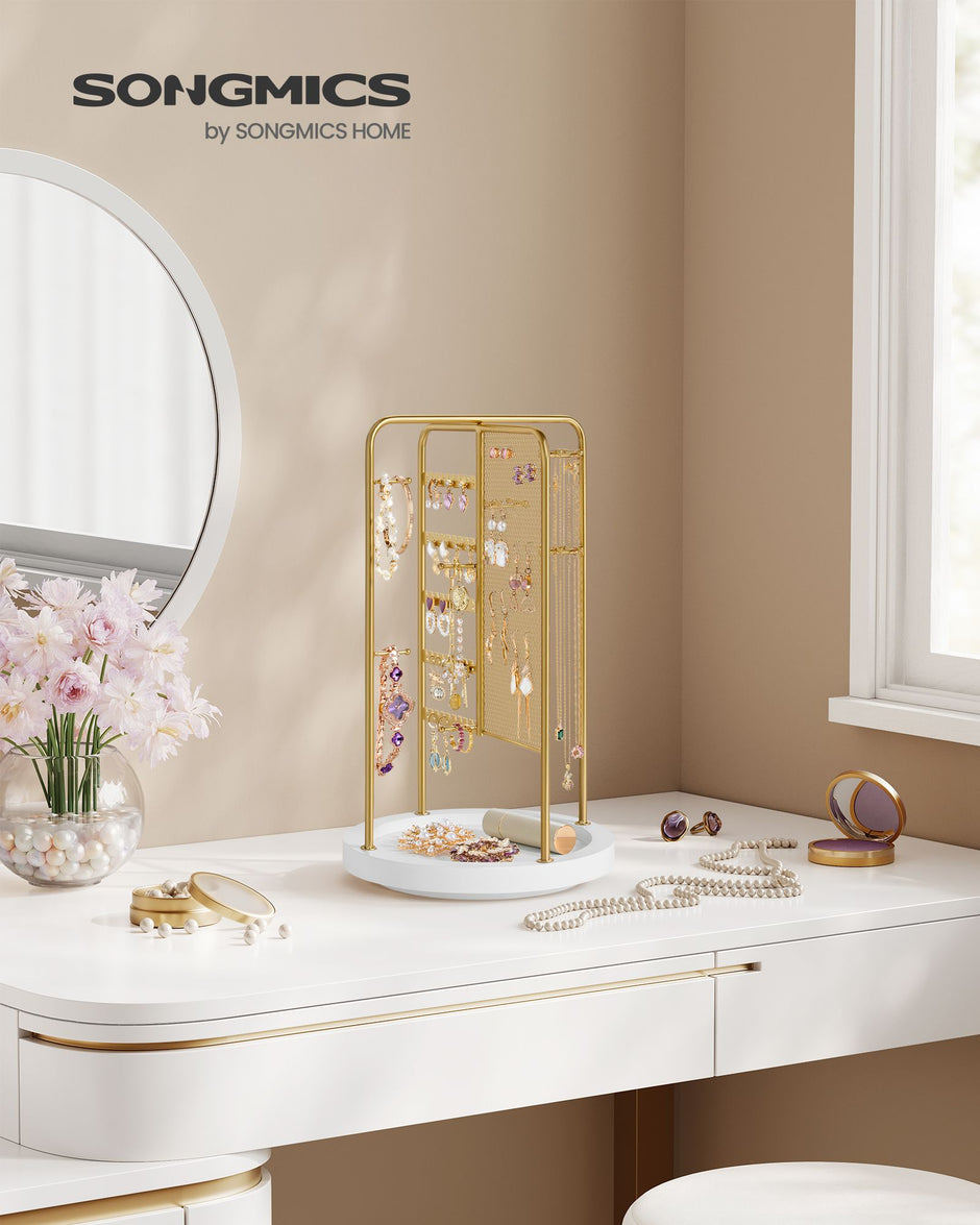 Rotating Jewellery Stand – Metal – Champagne Gold – 4 Independent Sections with Bottom Tray