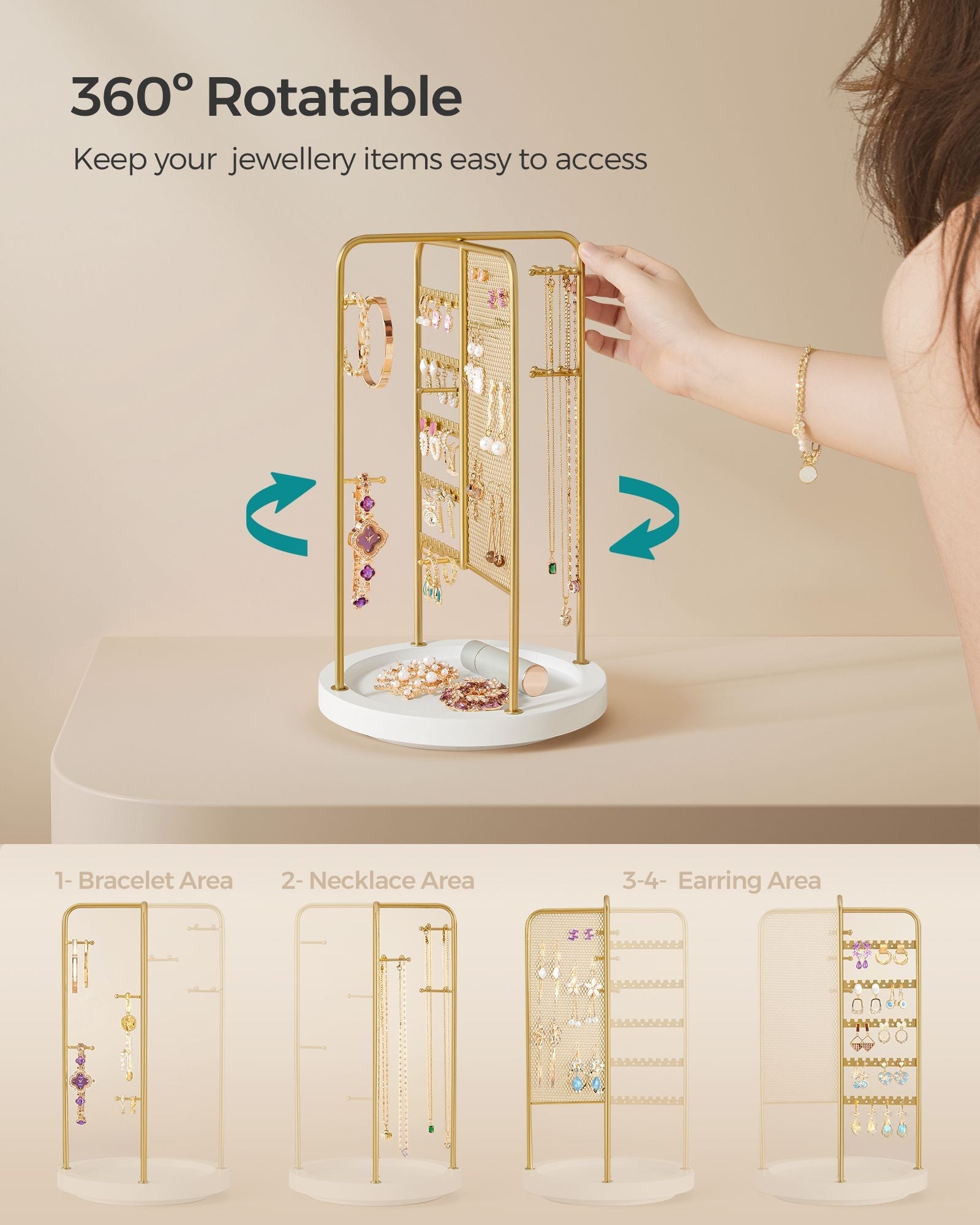 Rotating Jewellery Stand – Metal – Champagne Gold – 4 Independent Sections with Bottom Tray