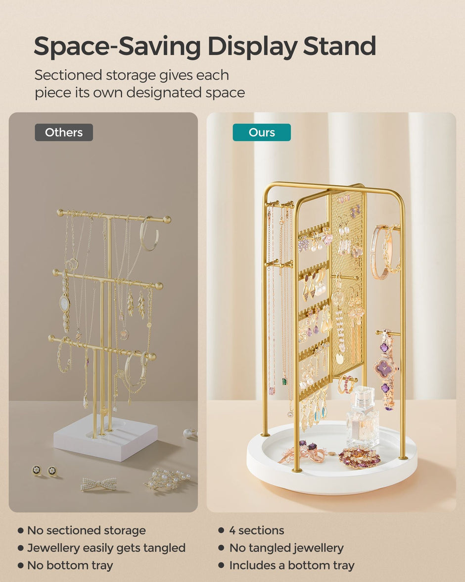 Rotating Jewellery Stand – Metal – Champagne Gold – 4 Independent Sections with Bottom Tray