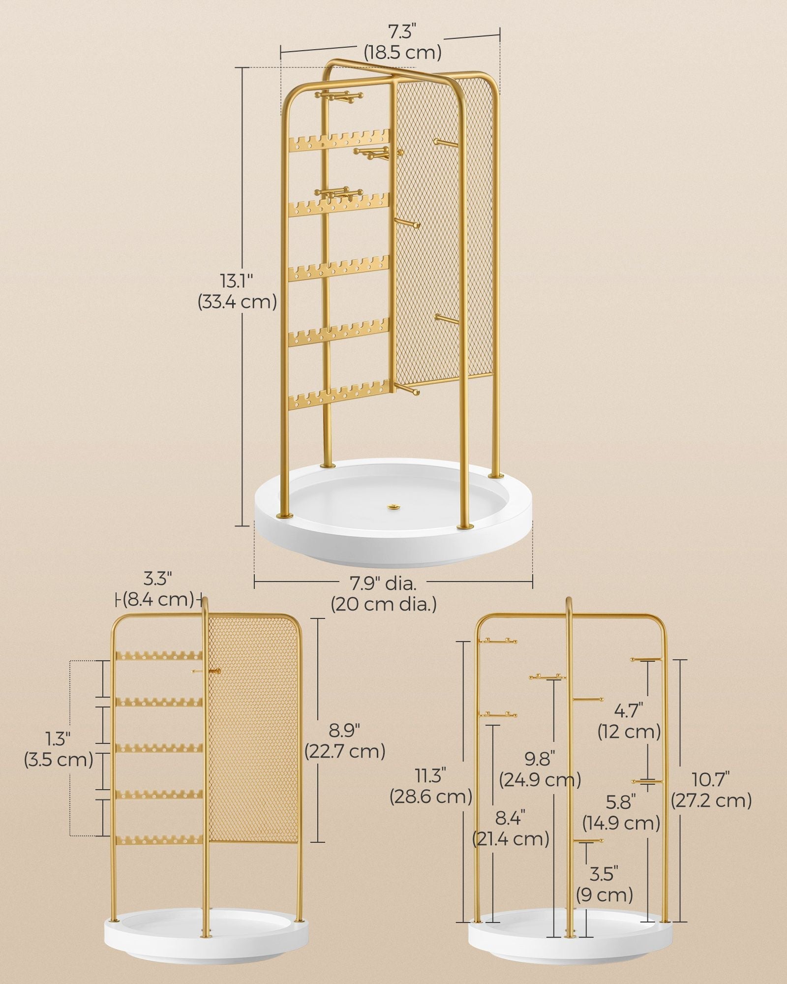 Rotating Jewellery Stand – Metal – Champagne Gold – 4 Independent Sections with Bottom Tray